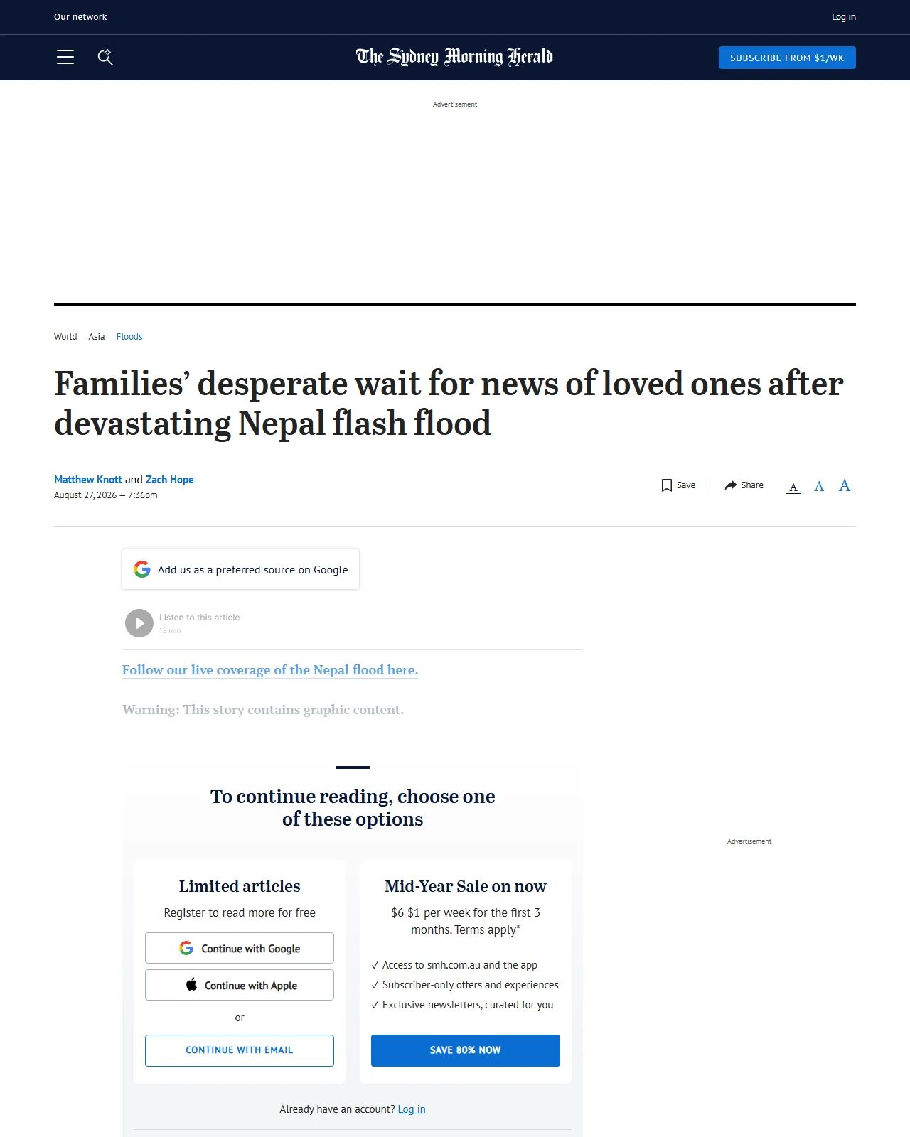 smh.com.au as published: Families’ desperate wait for news of loved ones after devastating Nepal flash flood