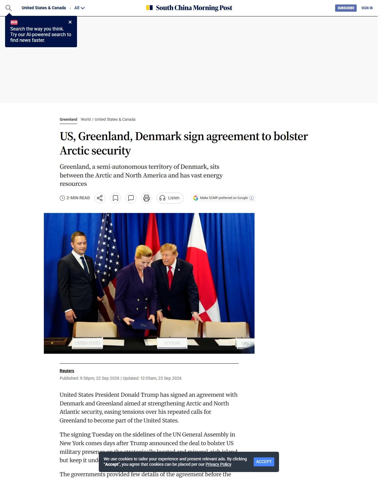 scmp.com as published: US, Greenland, Denmark sign agreement to bolster Arctic security