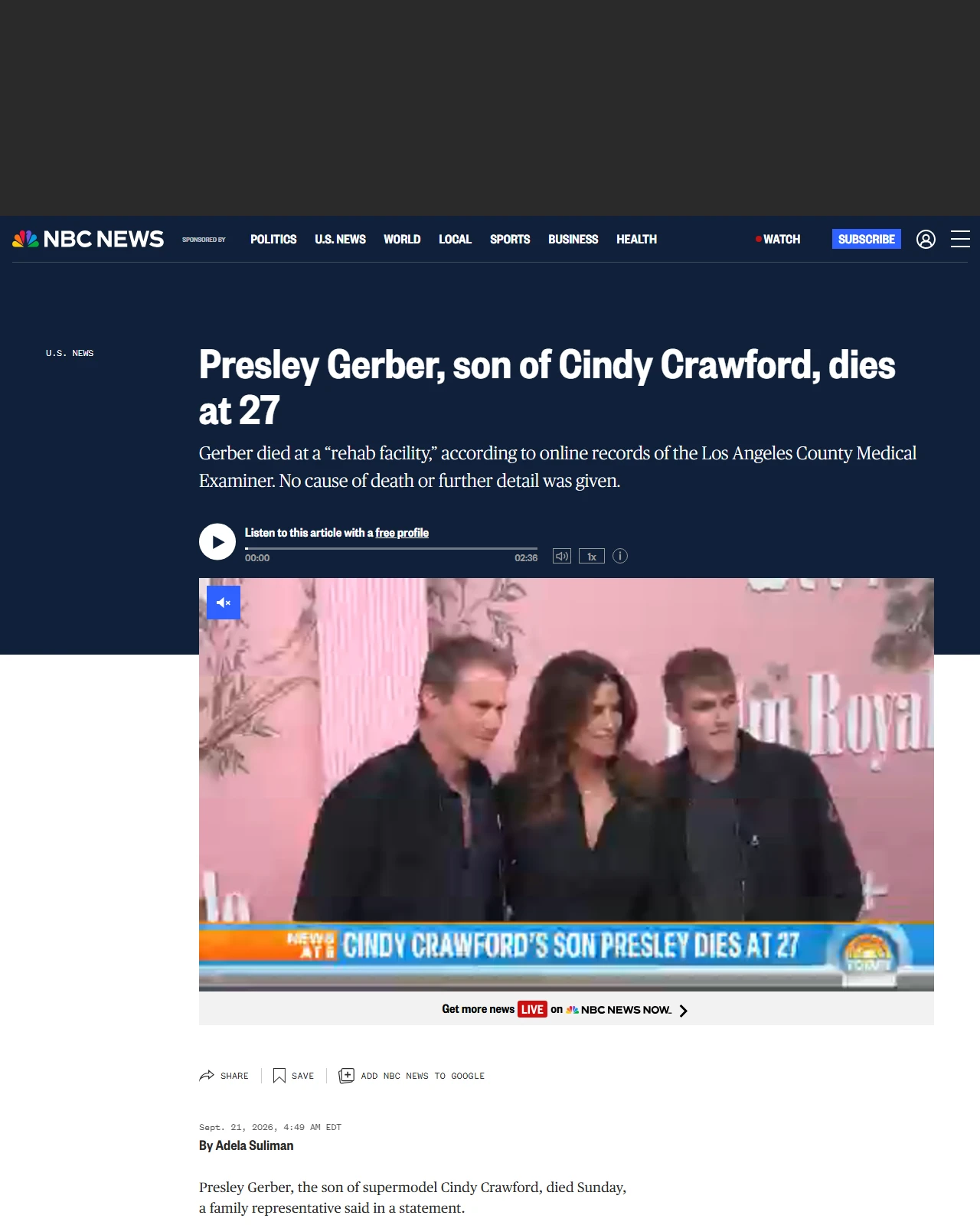nbcnews.com as published: Cindy Crawford’s son, model Presley Gerber, dies at 27