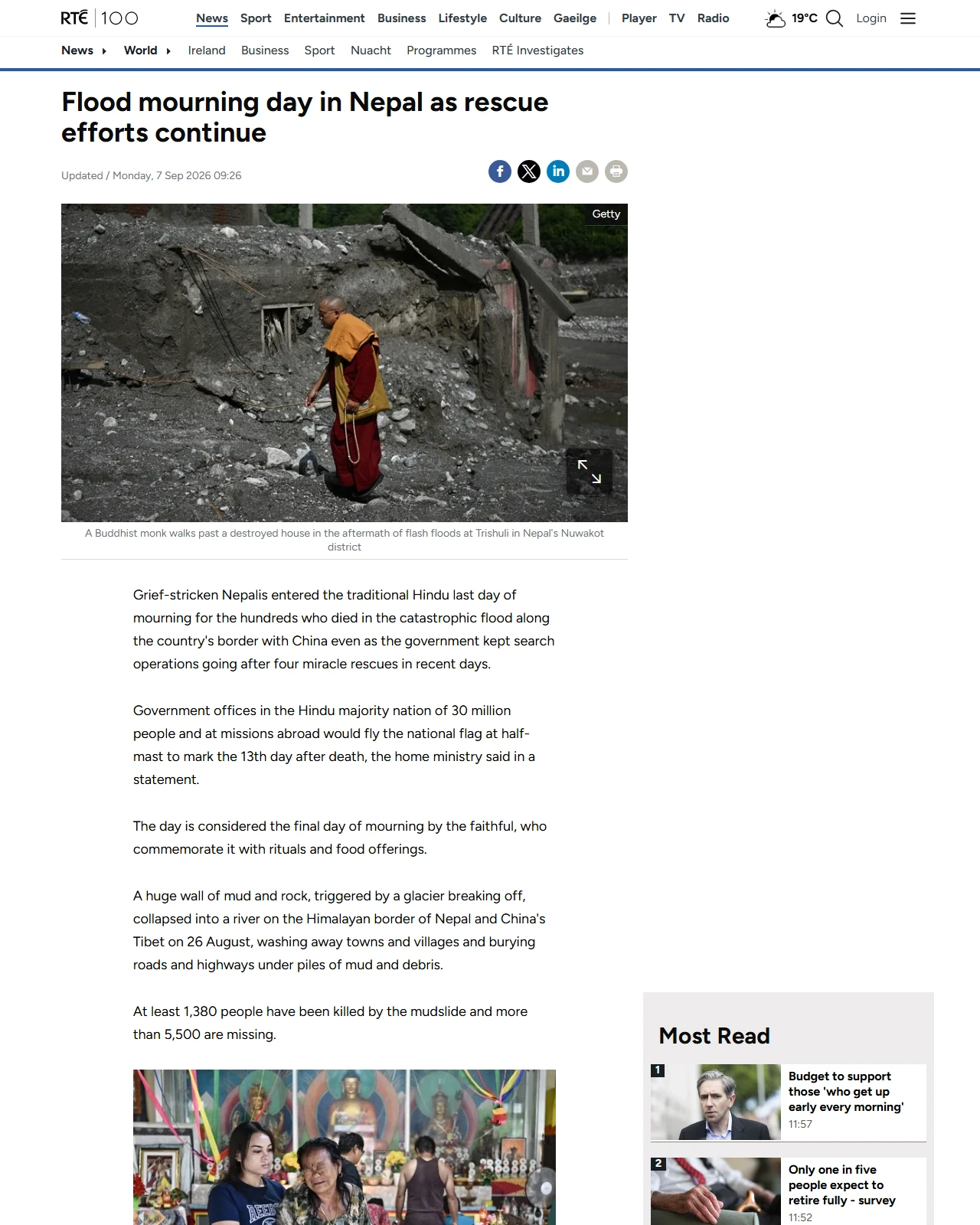 rte.ie as published: Flood mourning day in Nepal as rescue efforts continue