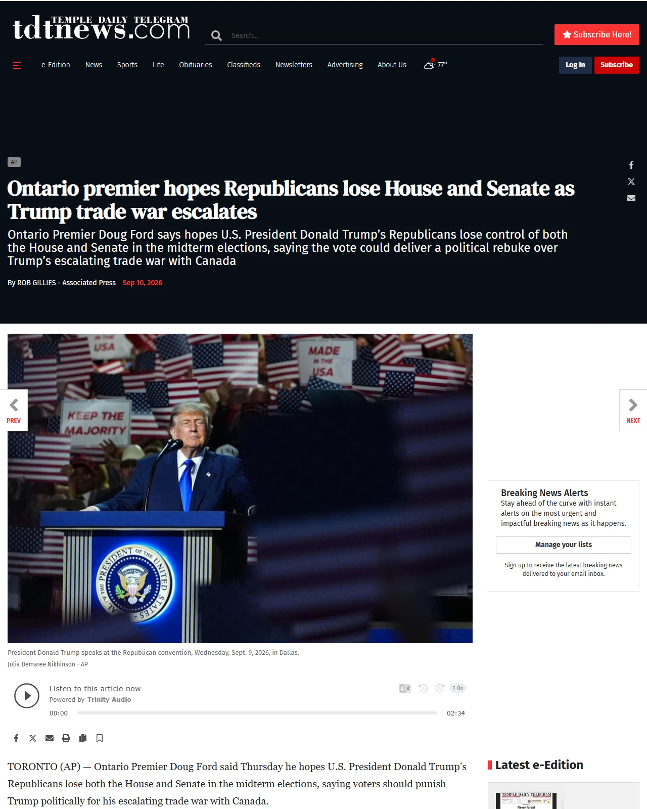 tdtnews.com as published: Ontario premier hopes Republicans lose House and Senate as Trump trade war escalates