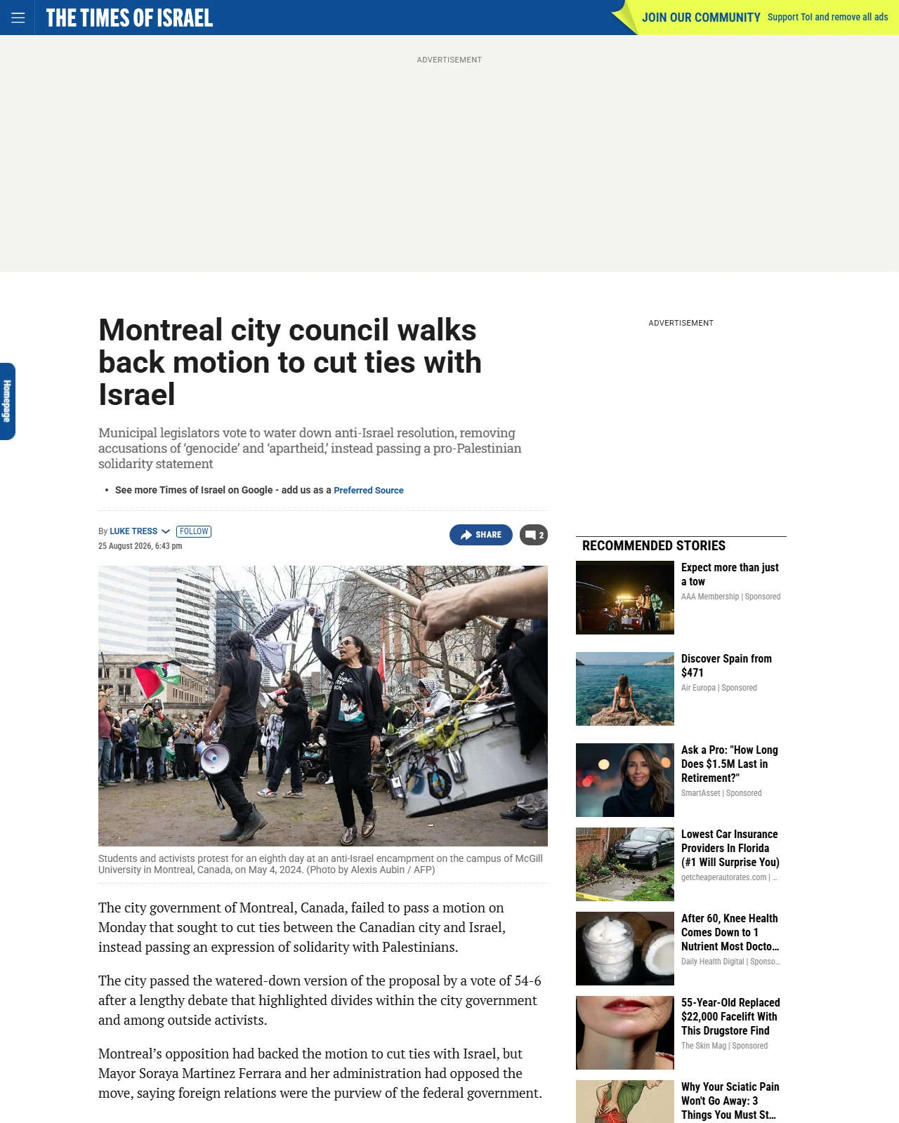 timesofisrael.com as published: Montreal city council walks back motion to cut ties with Israel