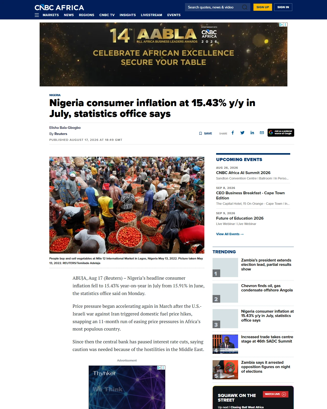 cnbcafrica.com as published: Nigeria consumer inflation at 15.43% y/y in July, statistics office says