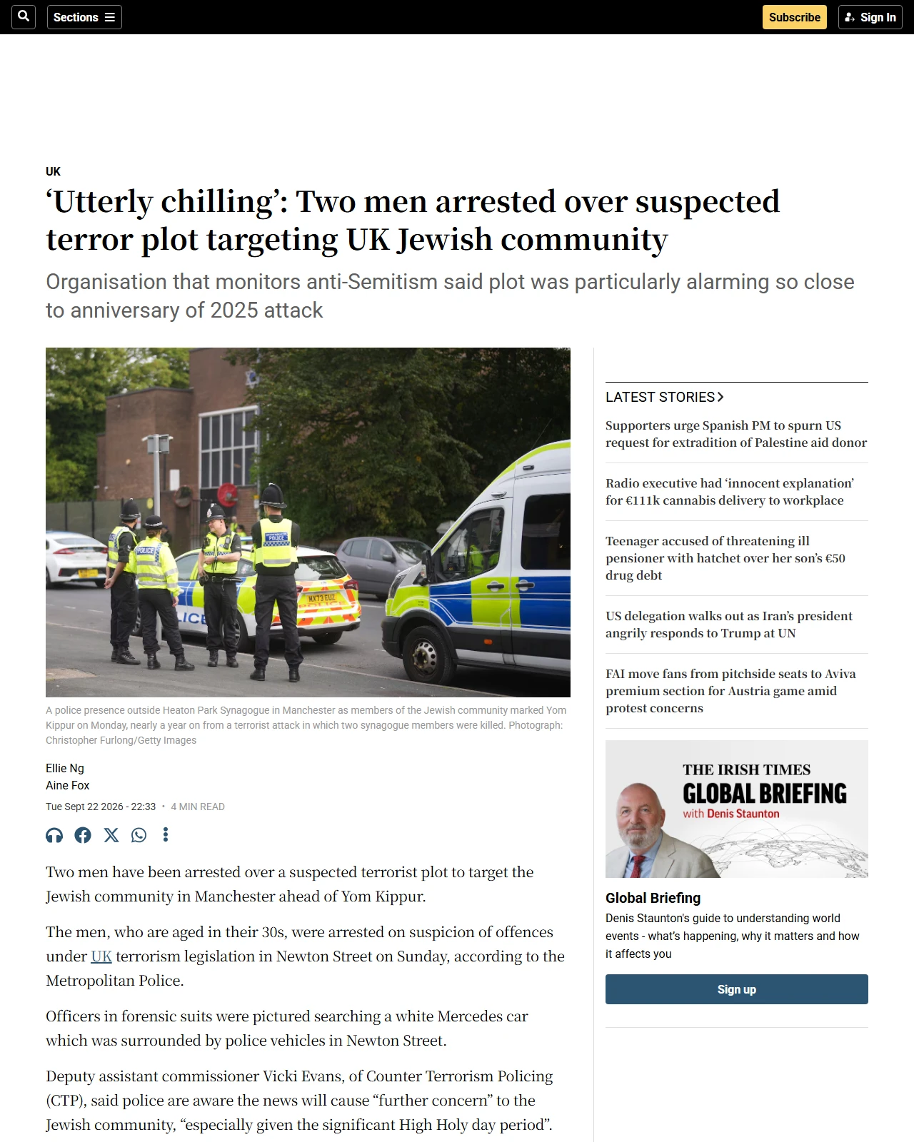 irishtimes.com as published: ‘Utterly chilling’: Two men arrested over suspected terror plot targeting UK Jewish community