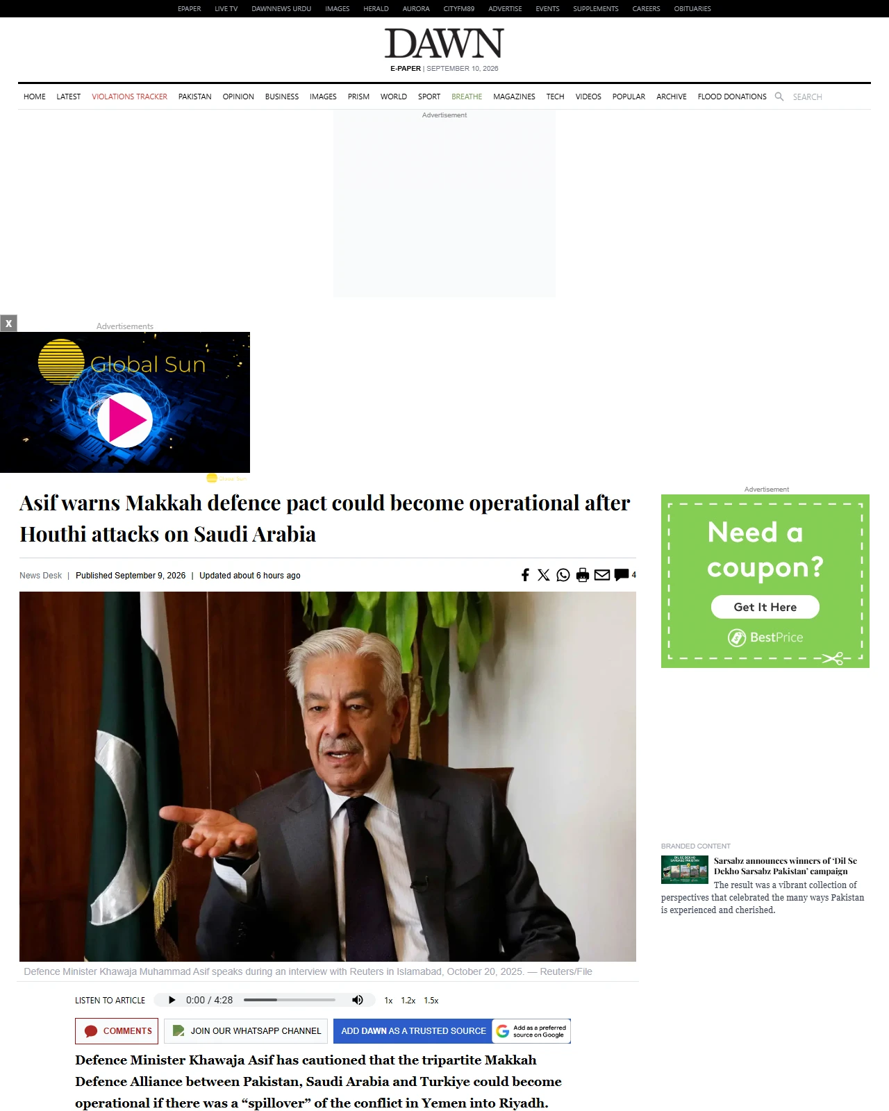 dawn.com as published: Asif warns Makkah defence pact could become operational after Houthi attacks on Saudi Arabia