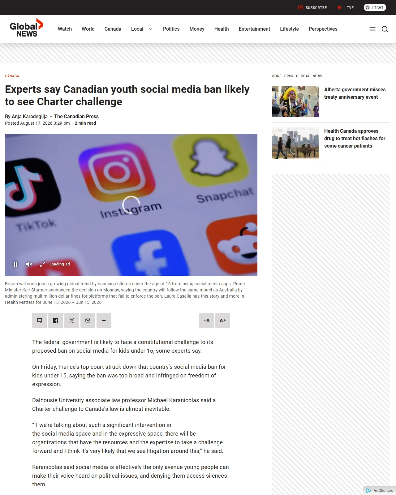 globalnews.ca as published: Experts say Canadian youth social media ban likely to see Charter challenge