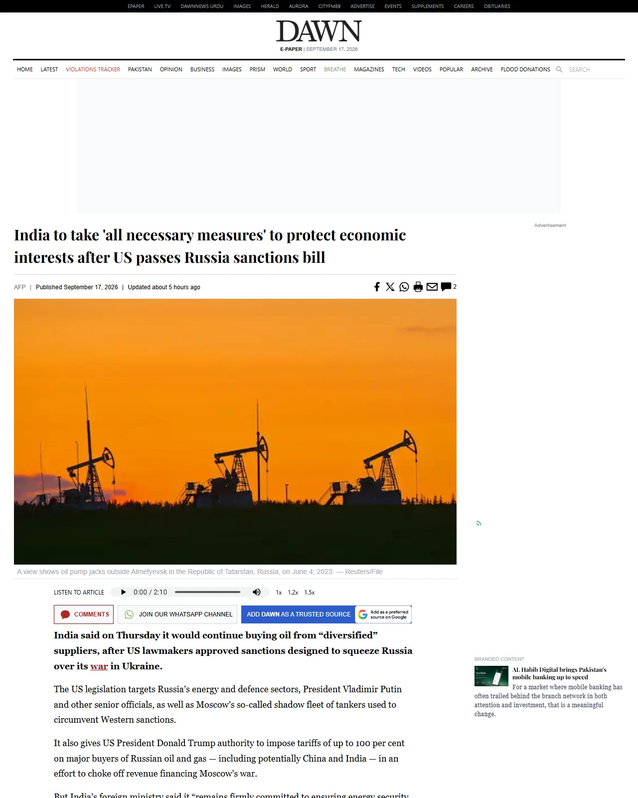 dawn.com as published: India to take 'all necessary measures' to protect economic interests after US passes Russia sanctions bill