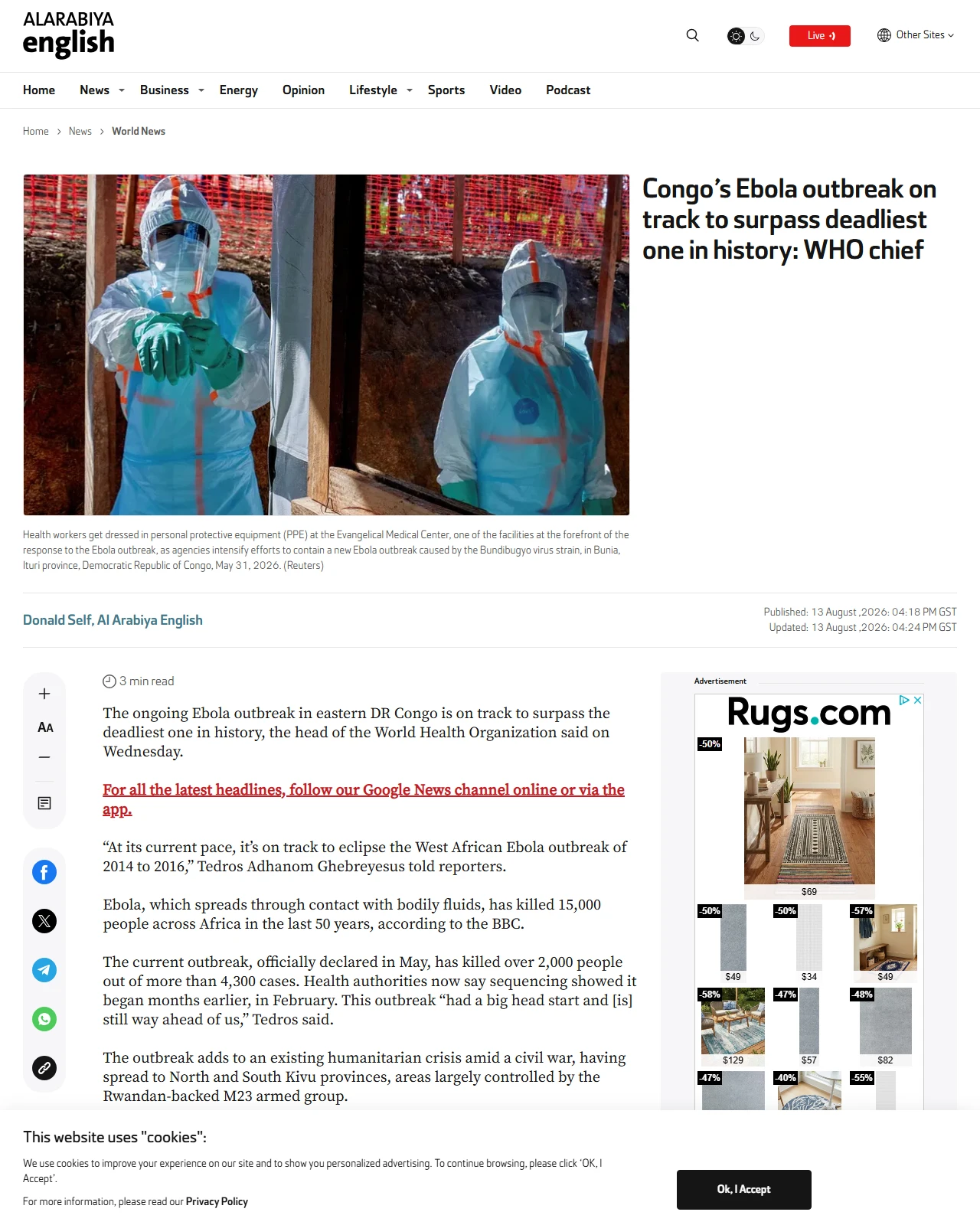english.alarabiya.net as published: Congo’s Ebola outbreak on track to surpass deadliest one in history: WHO chief