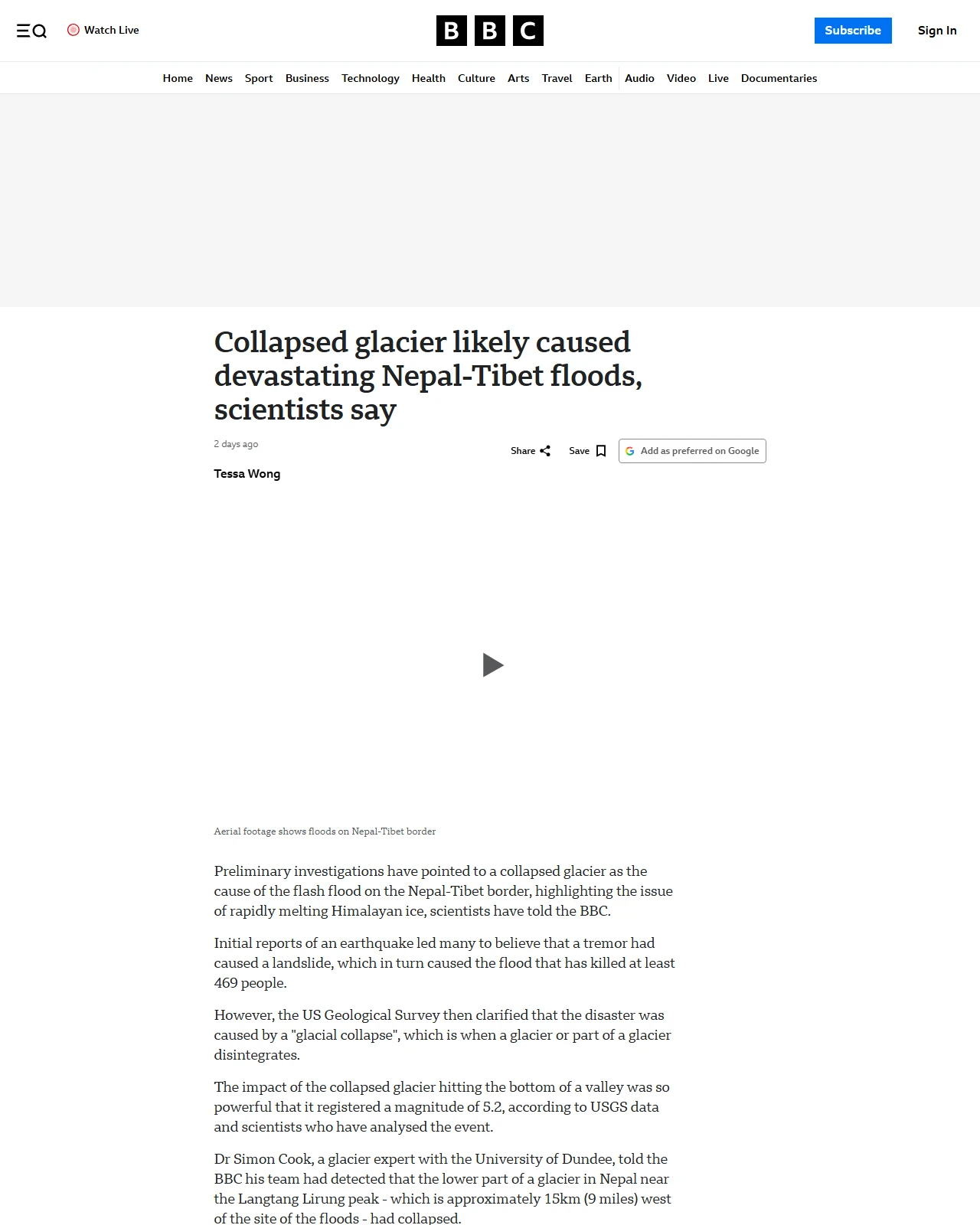 bbc.co.uk as published: Collapsed glacier likely caused devastating Nepal-Tibet floods, scientists say