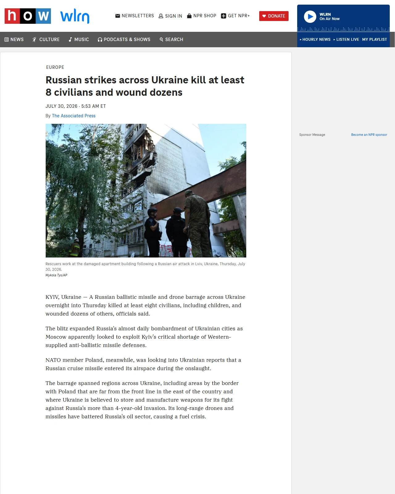 npr.org as published: Russian strikes across Ukraine kill at least 8 civilians and wound dozens