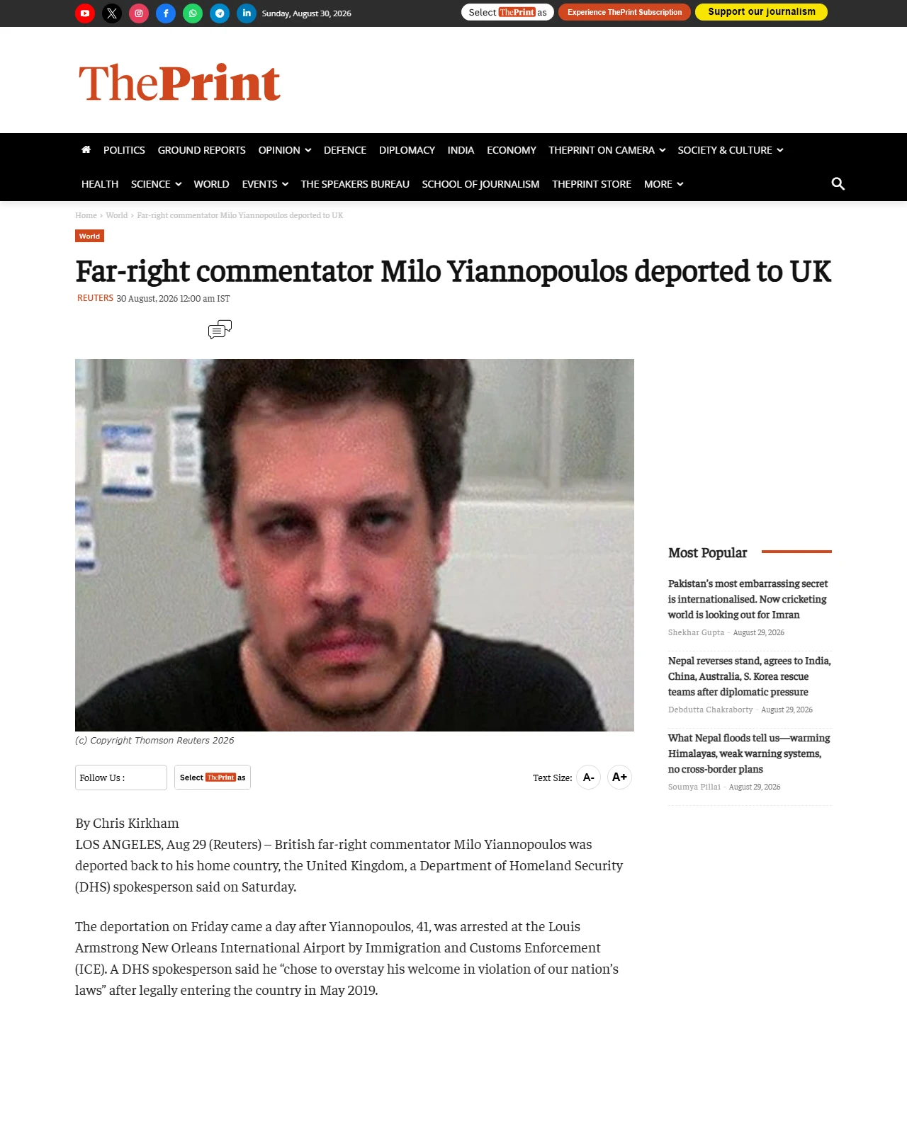 theprint.in as published: Far-right commentator Milo Yiannopoulos deported to UK