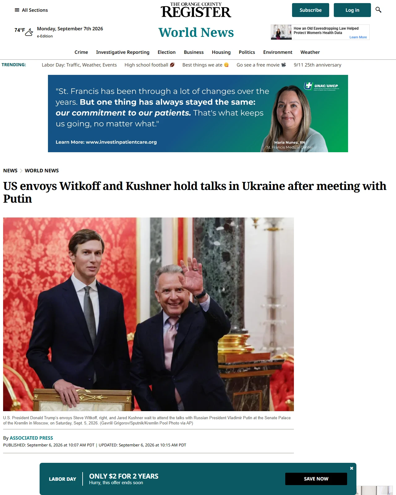ocregister.com as published: US envoys Witkoff and Kushner hold talks in Ukraine after meeting with Putin