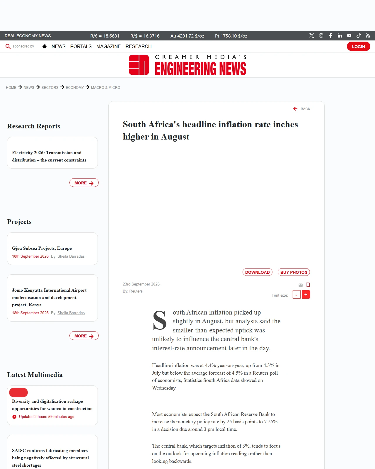 engineeringnews.co.za as published: South Africa's headline inflation rate inches higher in August