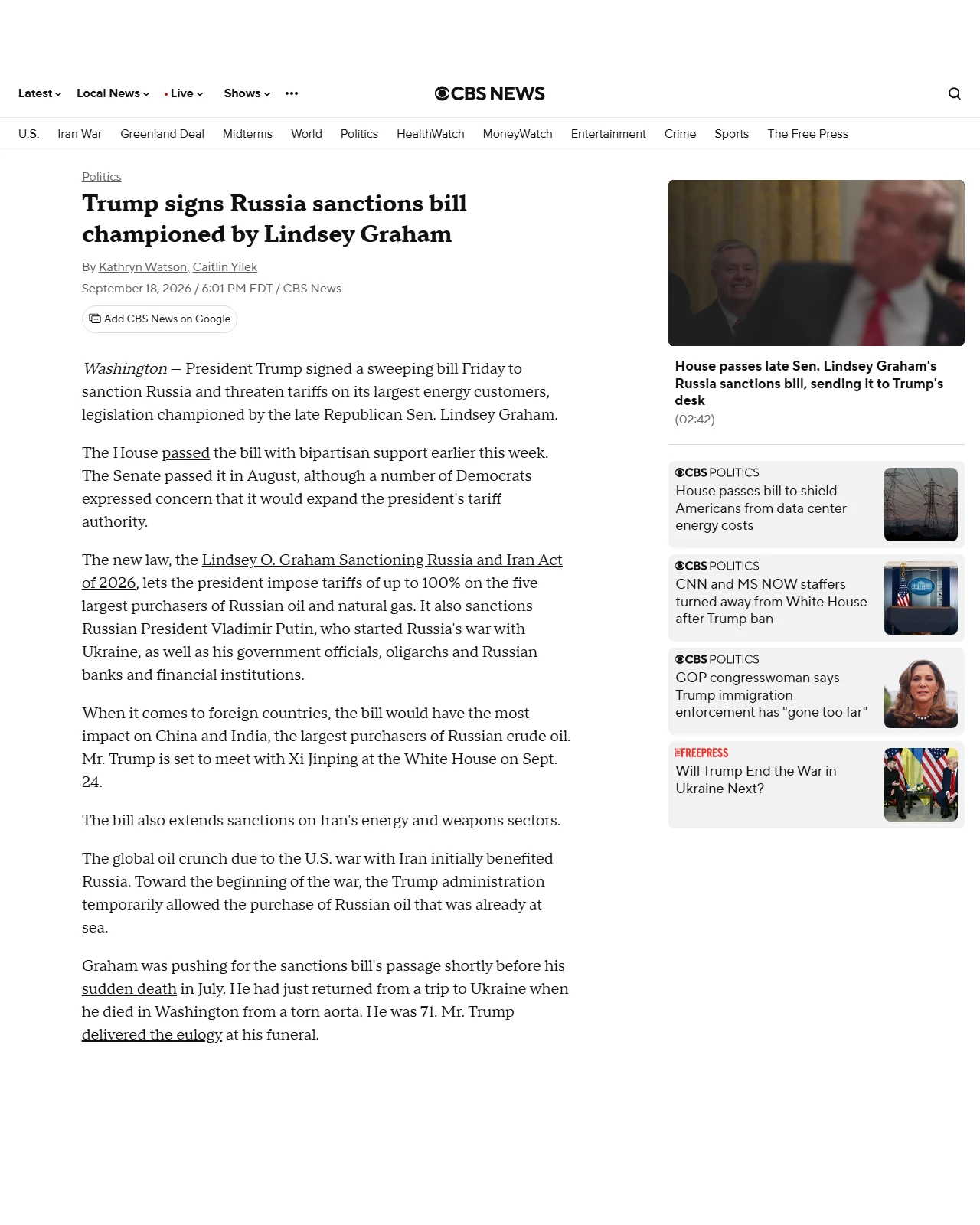 cbsnews.com as published: Trump signs Russia sanctions bill championed by Graham
