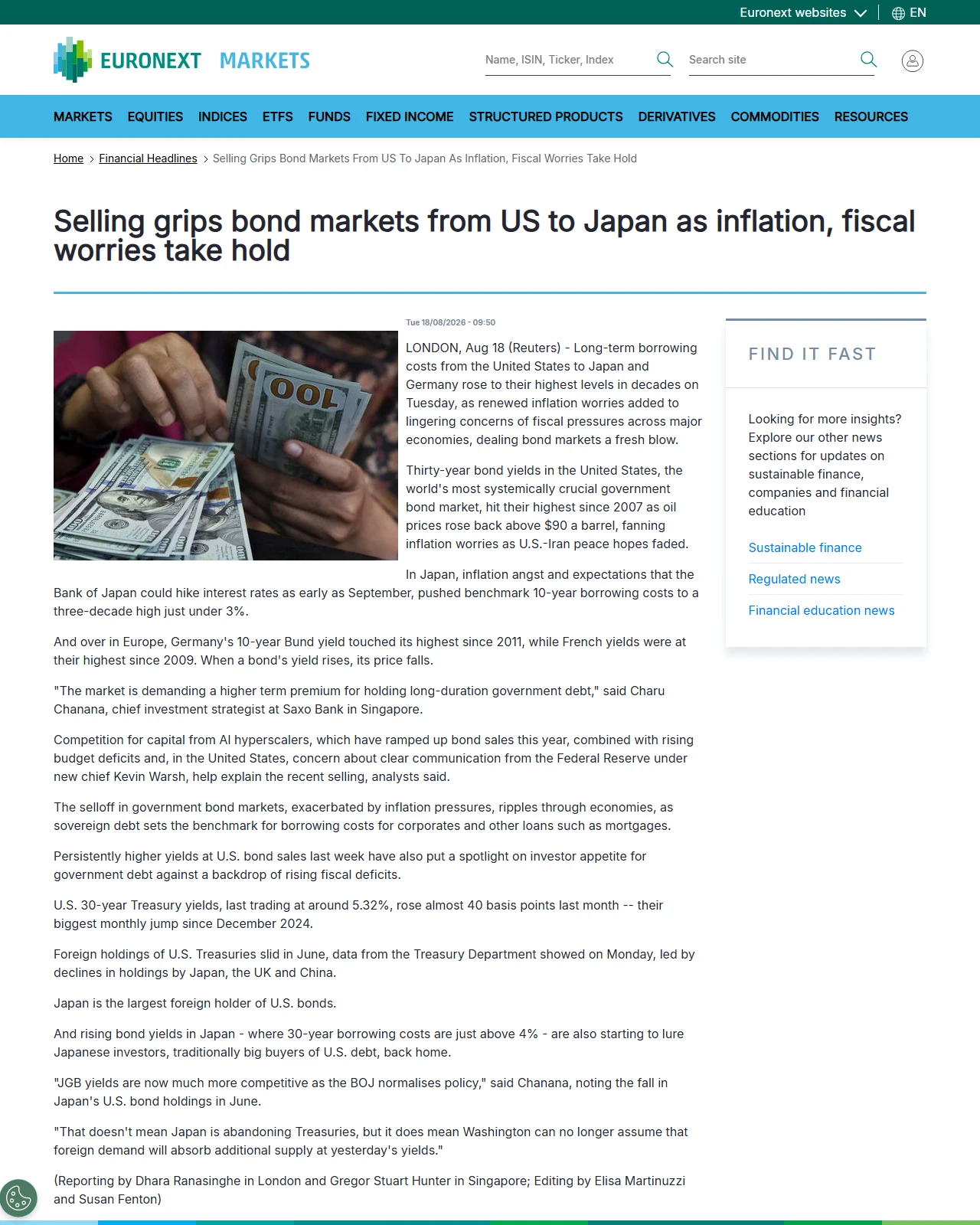 live.euronext.com as published: Selling grips bond markets from US to Japan as inflation, fiscal worries take hold