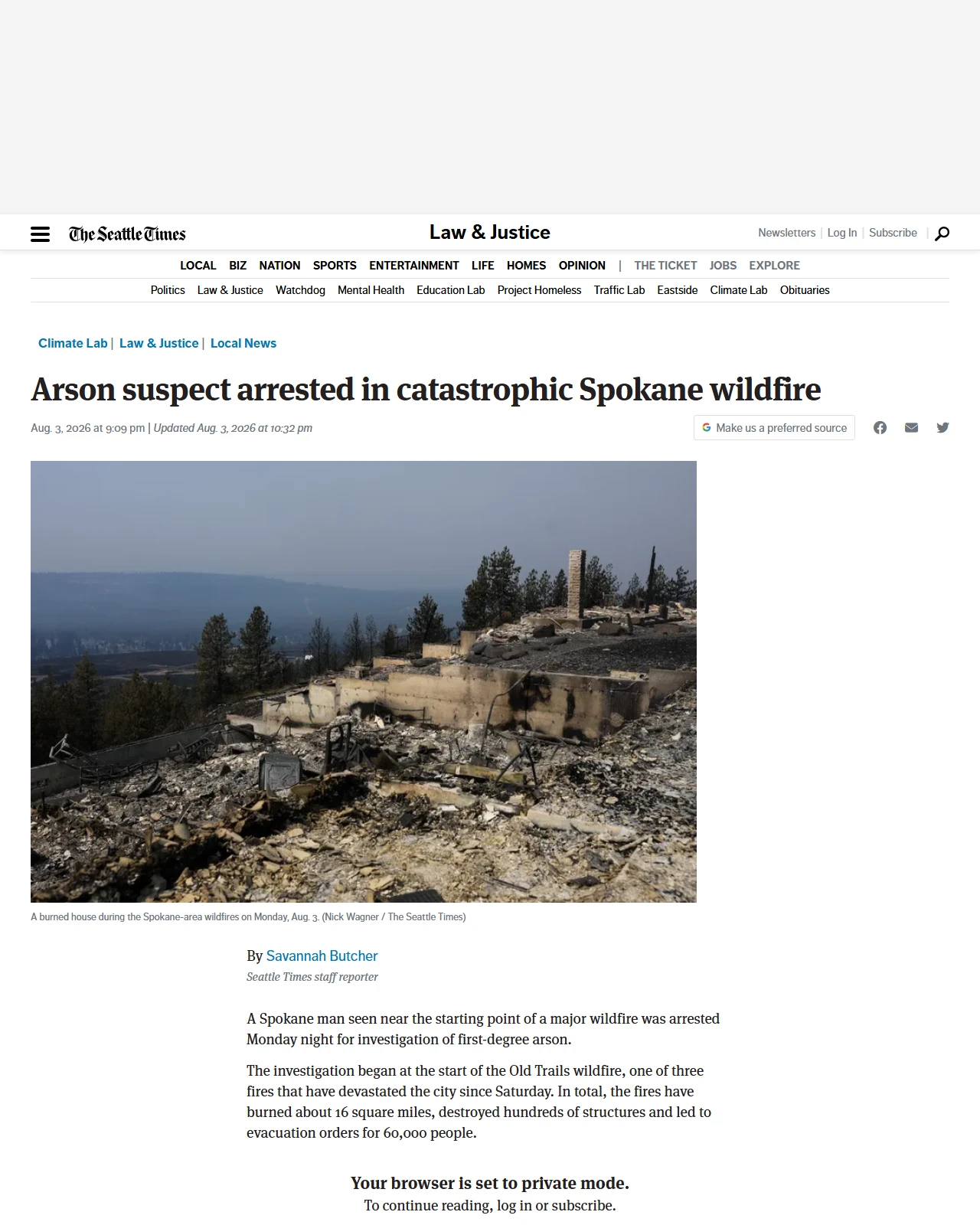 seattletimes.com as published: Arson suspect arrested in catastrophic Spokane wildfire