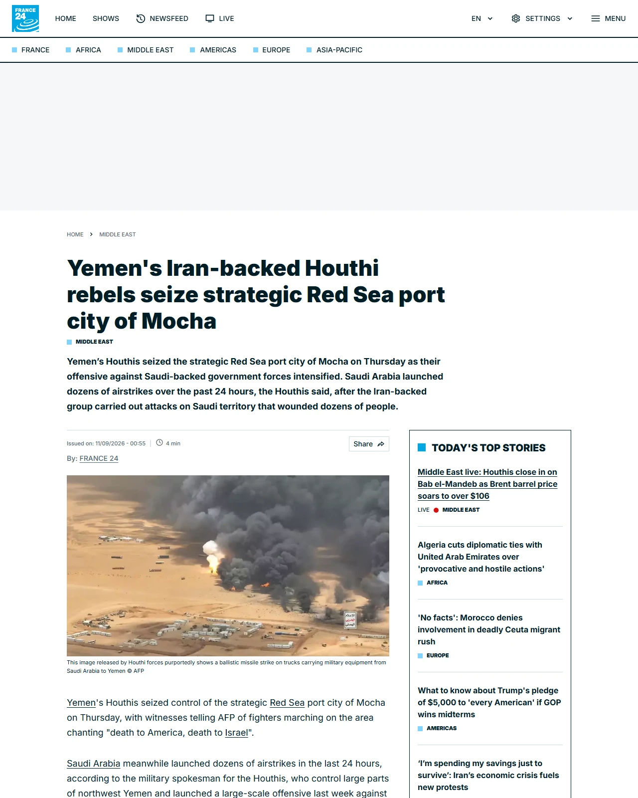 s.france24.com as published: Yemen's Iran-backed Houthi rebels seize strategic Red Sea port city of Mocha