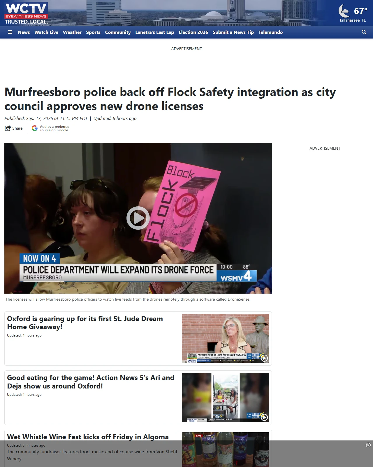 wctv.tv as published: Murfreesboro police back off Flock Safety integration as city council approves new drone licenses