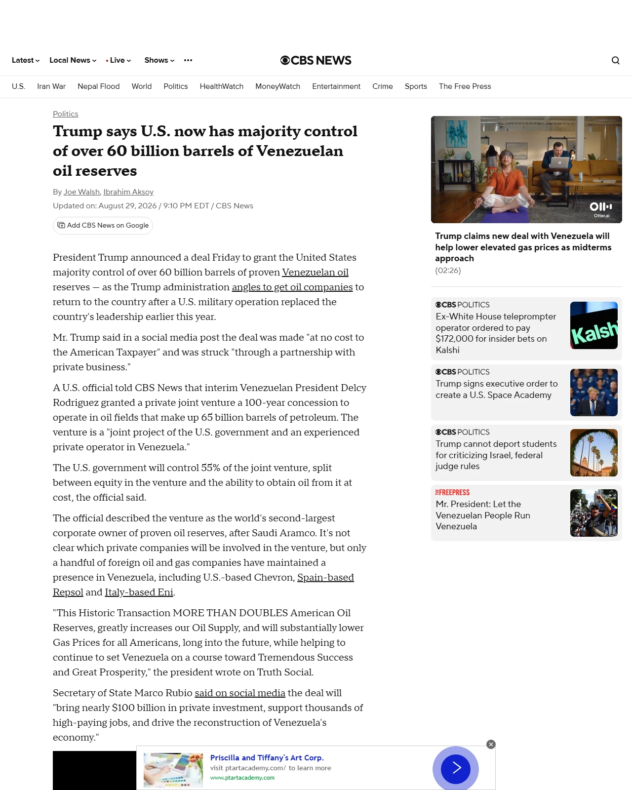 cbsnews.com as published: Trump says U.S. now has control of over 60 billion barrels of Venezuelan oil reserves
