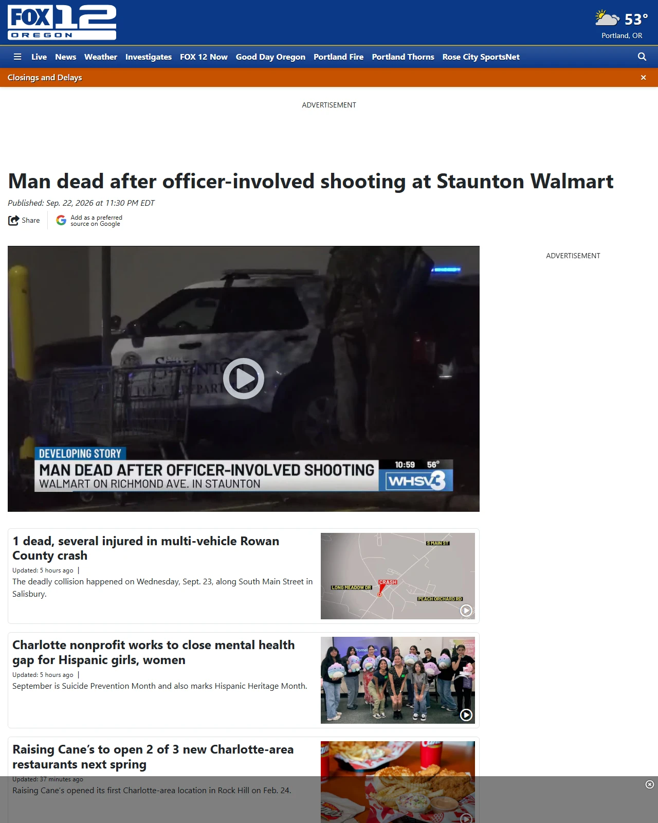 kptv.com as published: Man dead after officer-involved shooting at Staunton Walmart