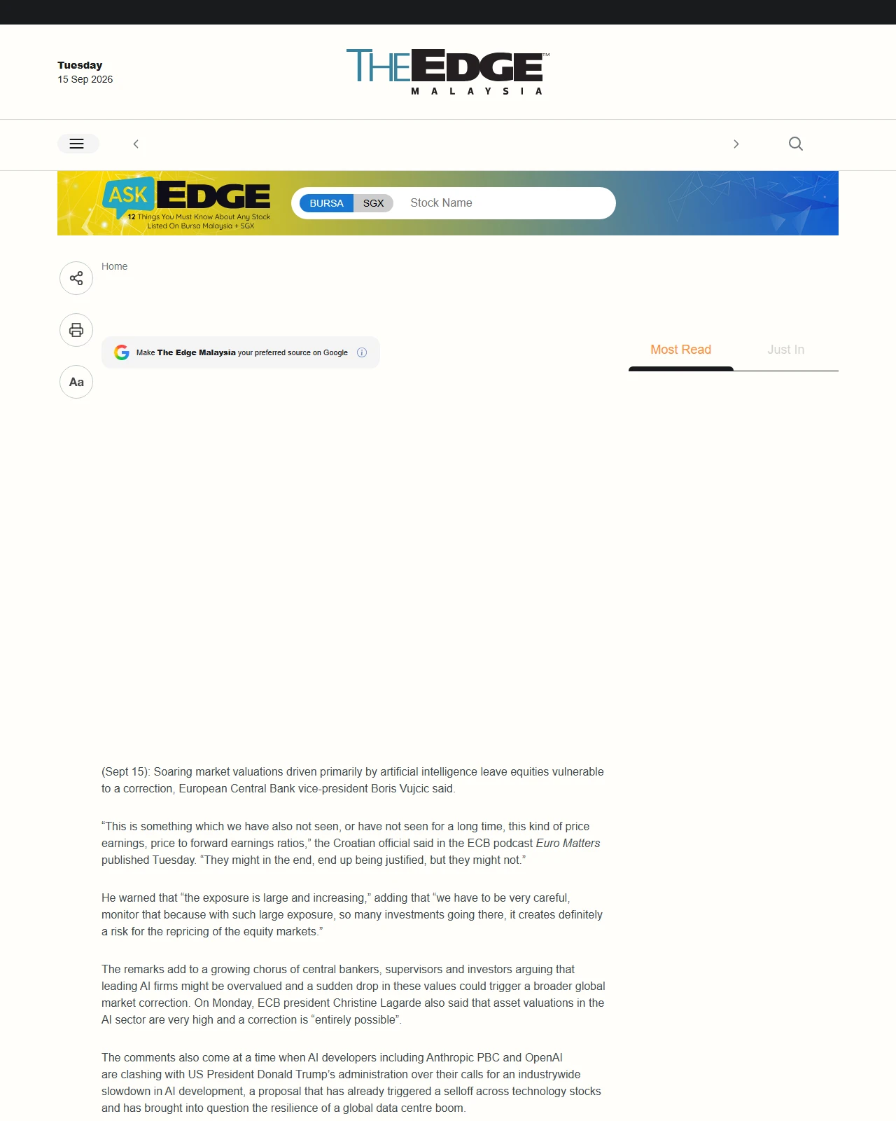 theedgemalaysia.com as published: AI-driven asset rally prone to correction, ECB’s Vujcic warns