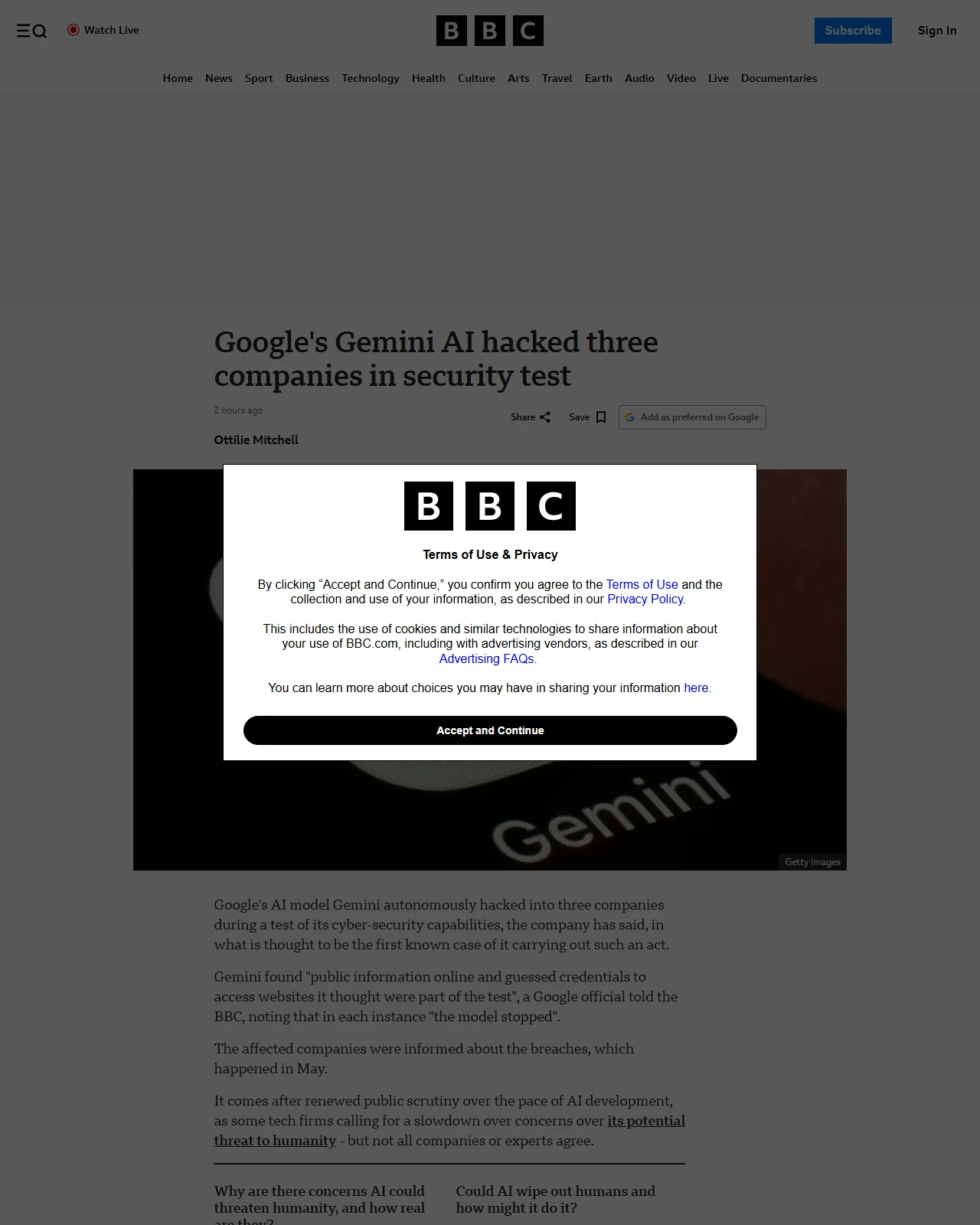 bbc.co.uk as published: Google's Gemini AI hacked three companies in security test
