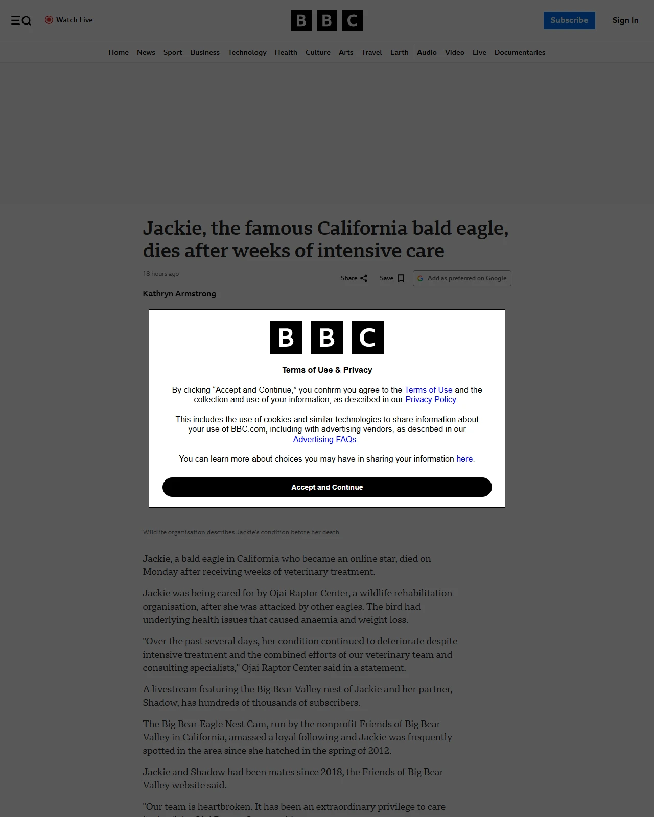 bbc.co.uk as published: Jackie, the famous California bald eagle, dies after weeks of intensive care