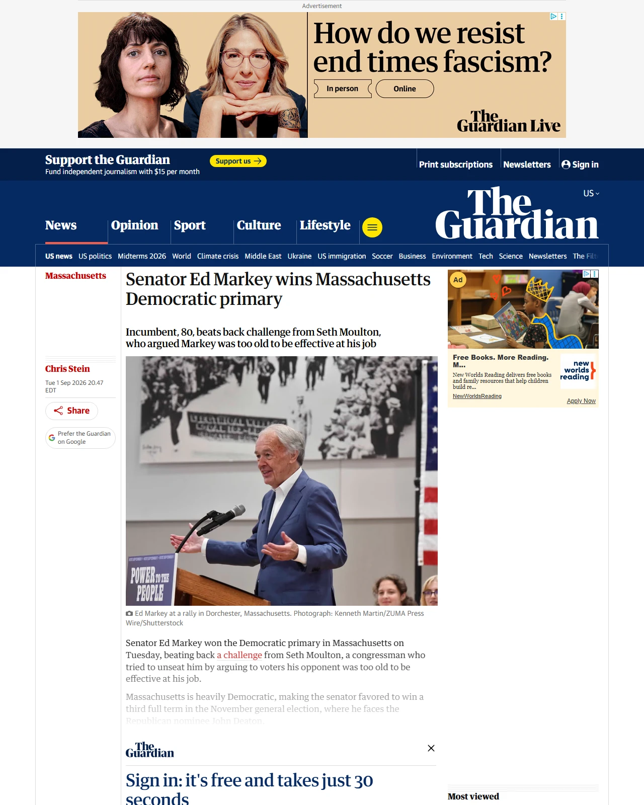 theguardian.com as published: Senator Ed Markey wins Massachusetts Democratic primary