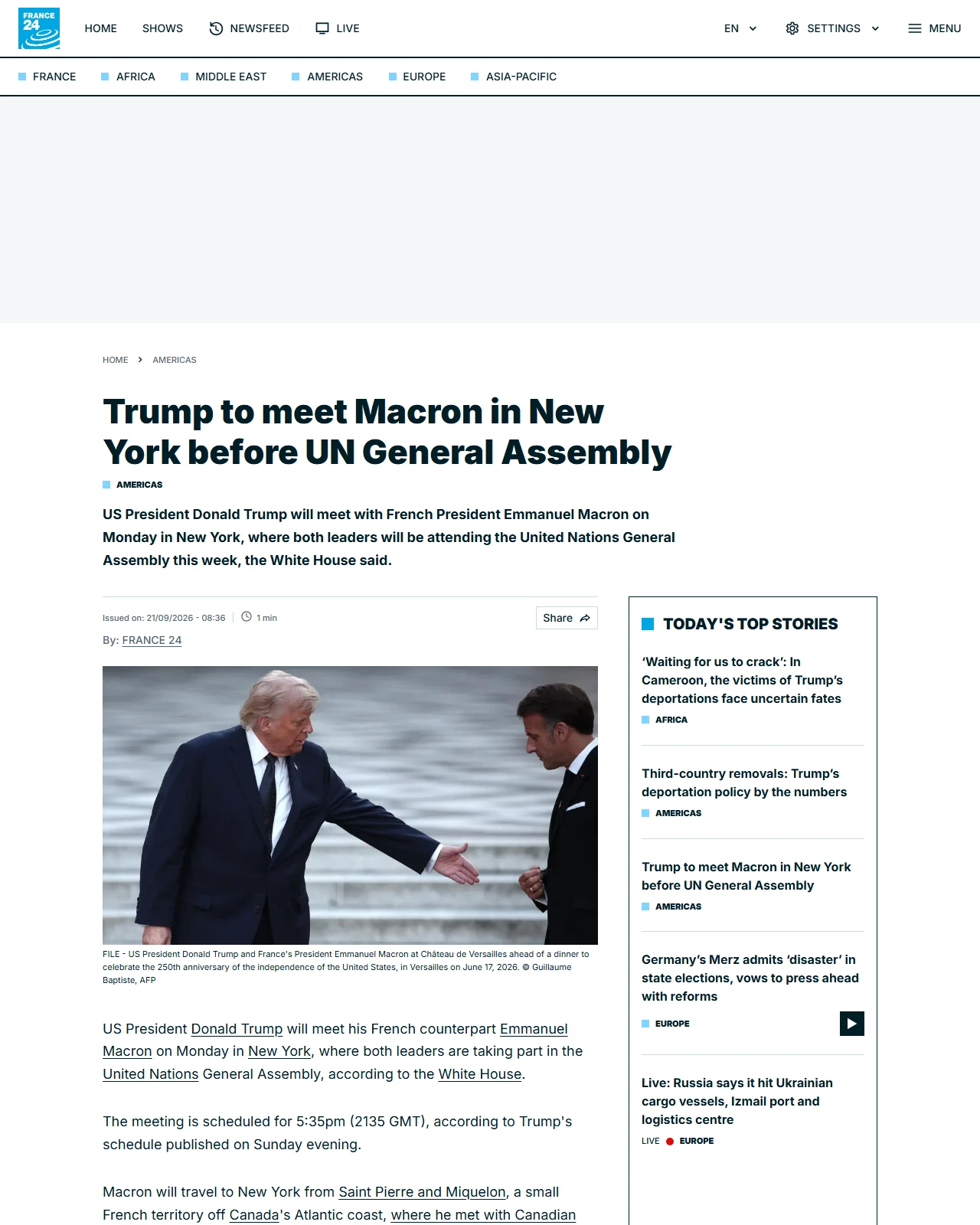 s.france24.com as published: Trump to meet Macron in New York before UN General Assembly