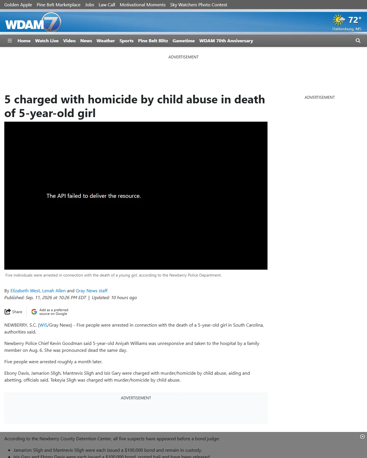wdam.com as published: 5 charged with homicide by child abuse in death of 5-year-old girl - WDAM-TV