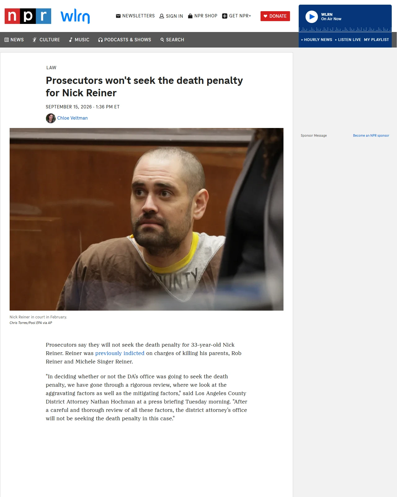 npr.org as published: Prosecutors won't seek the death penalty for Nick Reiner