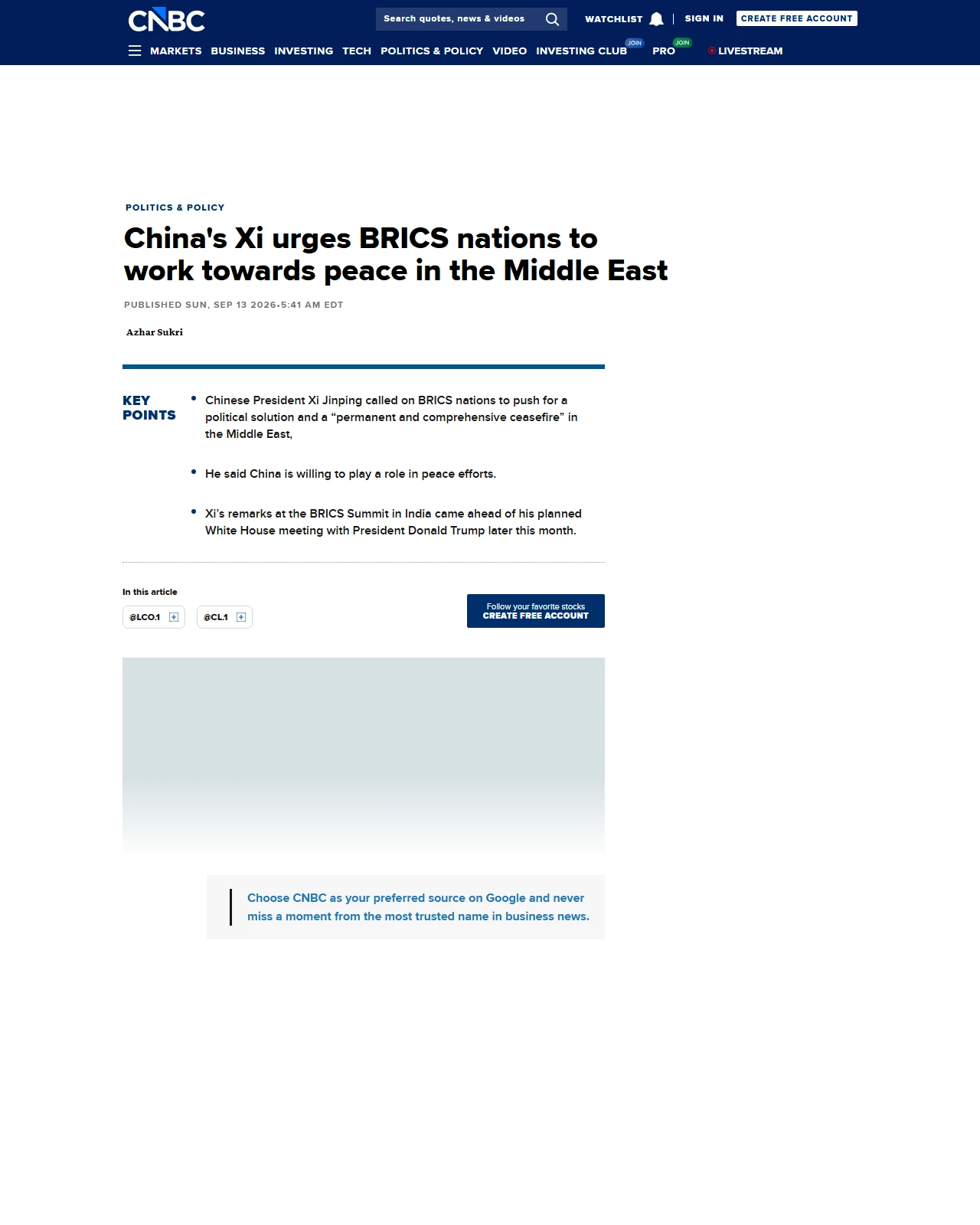 cnbc.com as published: China's Xi urges BRICS nations to work towards peace in the Middle East