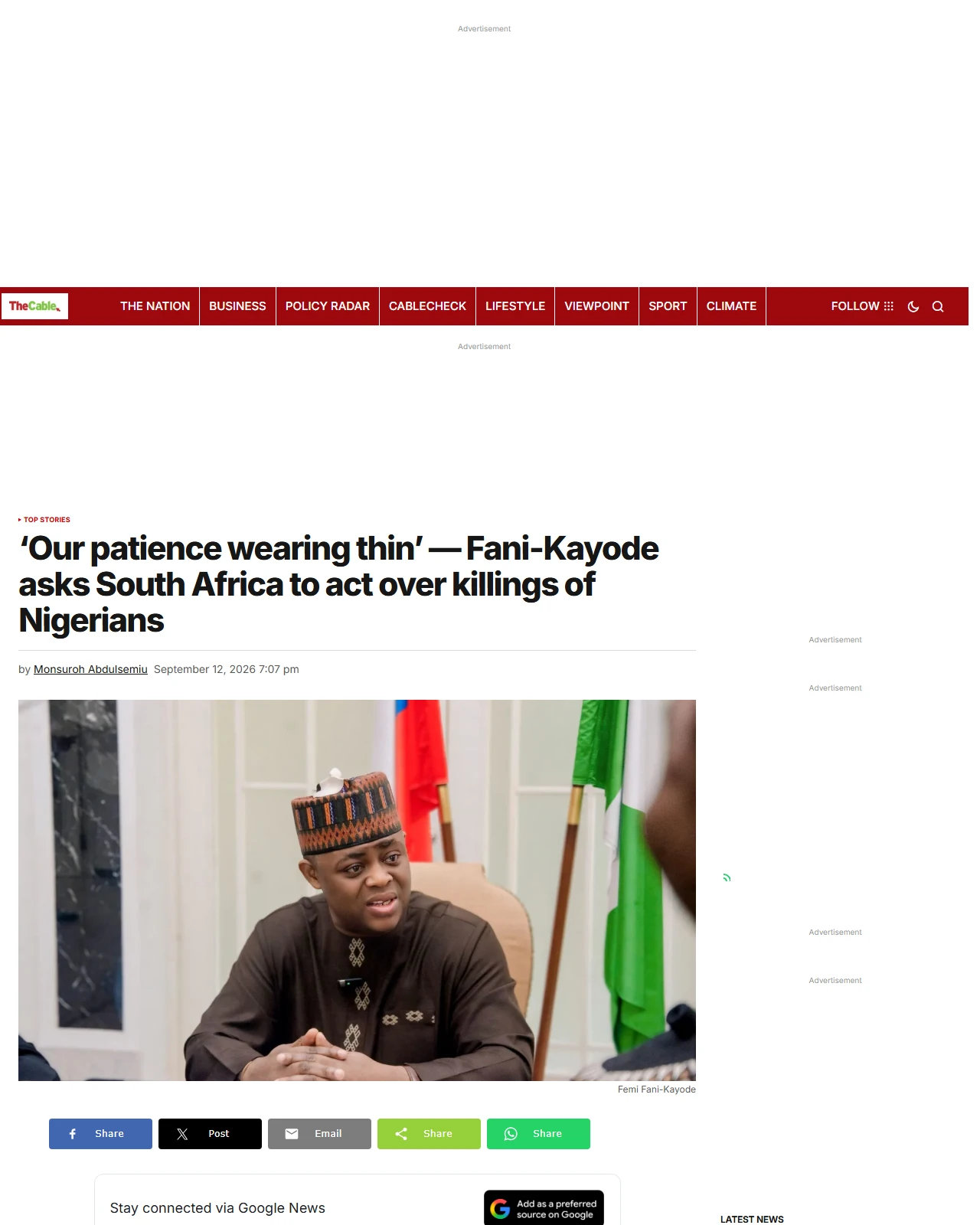 thecable.ng as published: ‘Our patience wearing thin’ — Fani-Kayode asks South Africa to act over killings of Nigerians