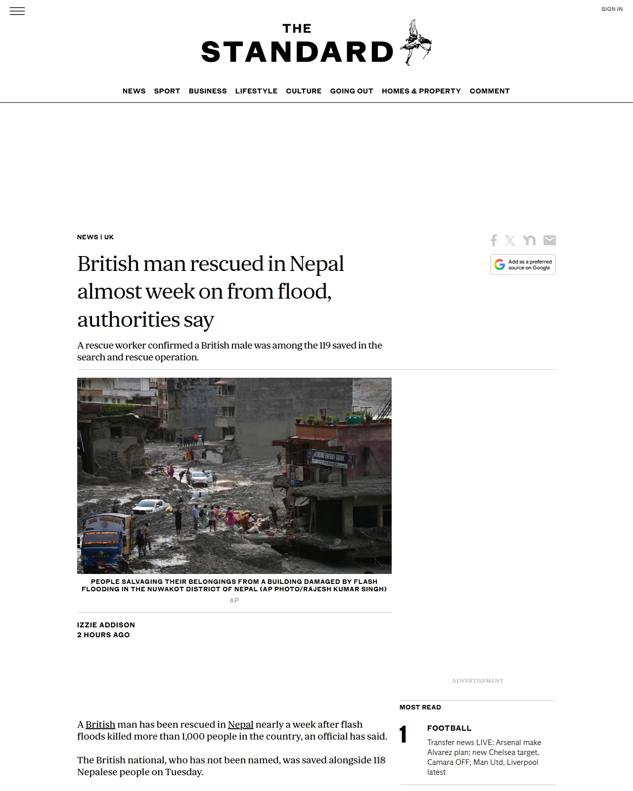 standard.co.uk as published: British man rescued in Nepal almost week on from flood, authorities say