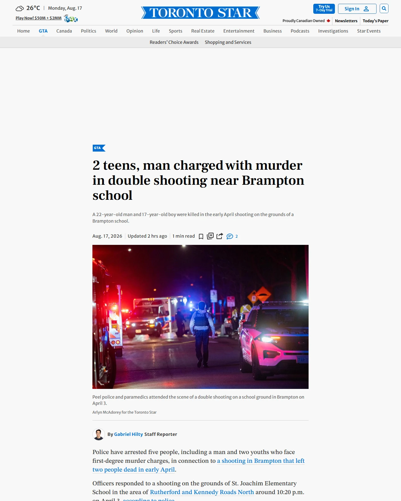 thestar.com as published: 2 teens, man charged with murder in double shooting near Brampton school