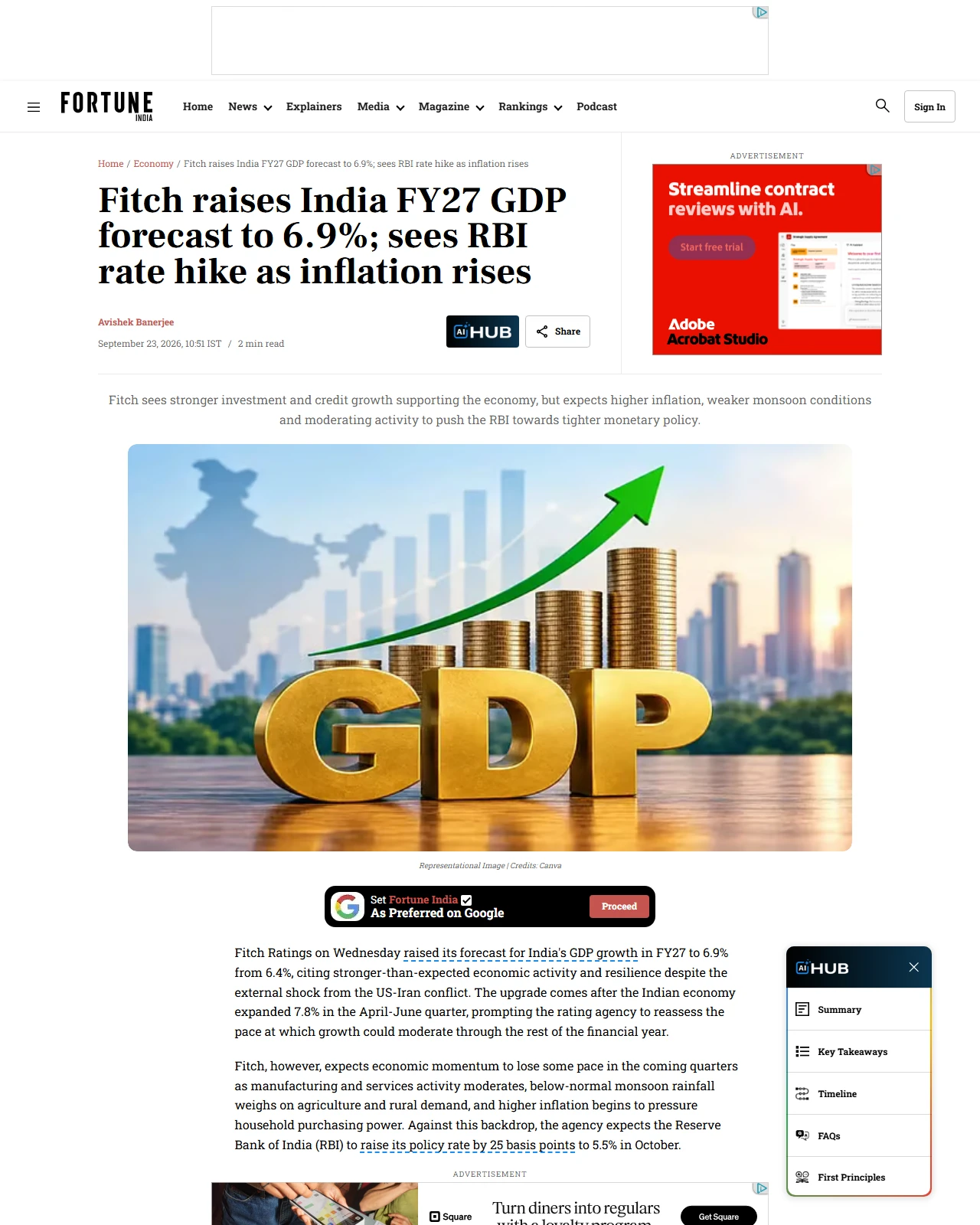 fortuneindia.com as published: Fitch raises India FY27 GDP forecast to 6.9%; sees RBI rate hike as inflation rises