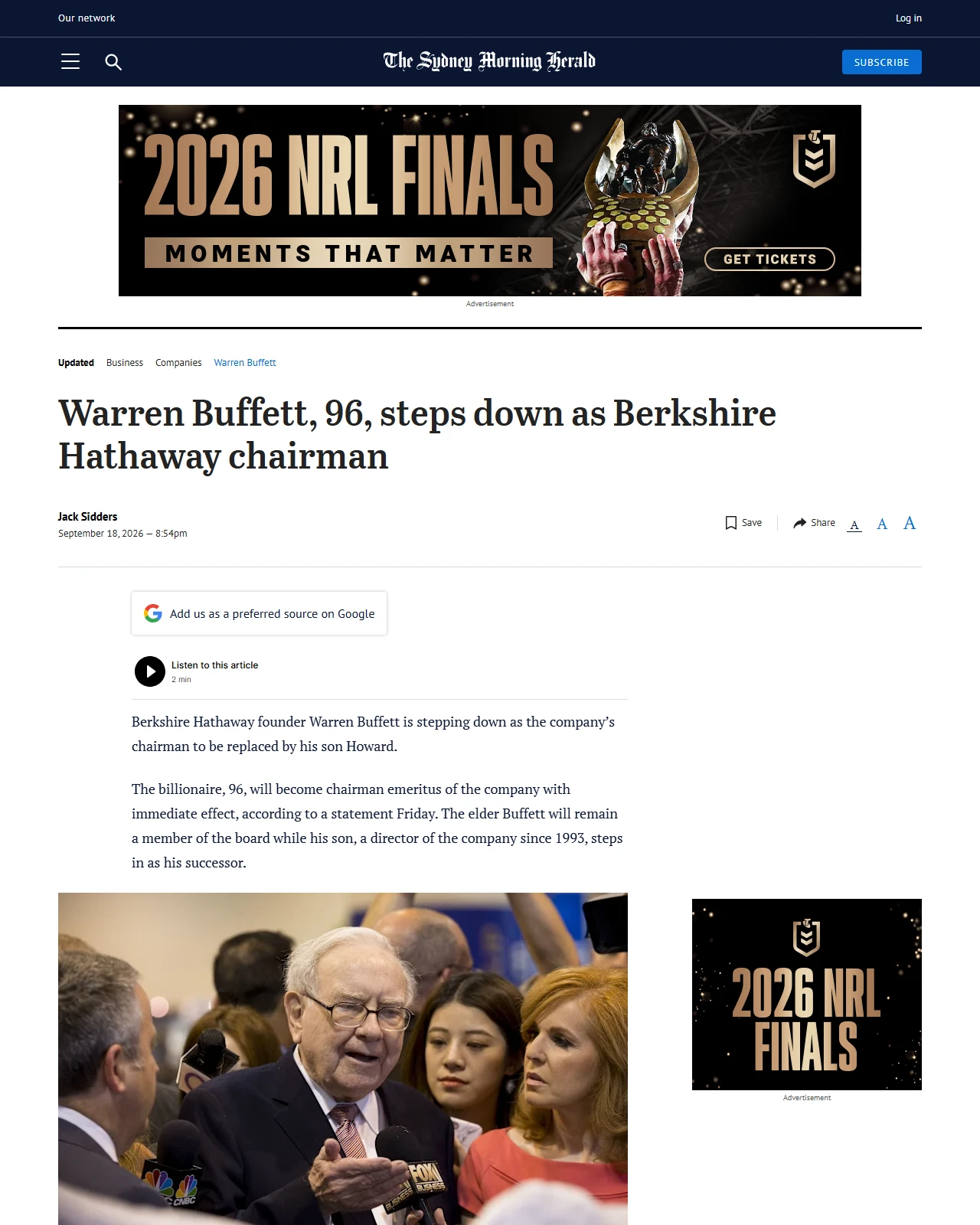 smh.com.au as published: Warren Buffett, 96, steps down as Berkshire Hathaway chairman