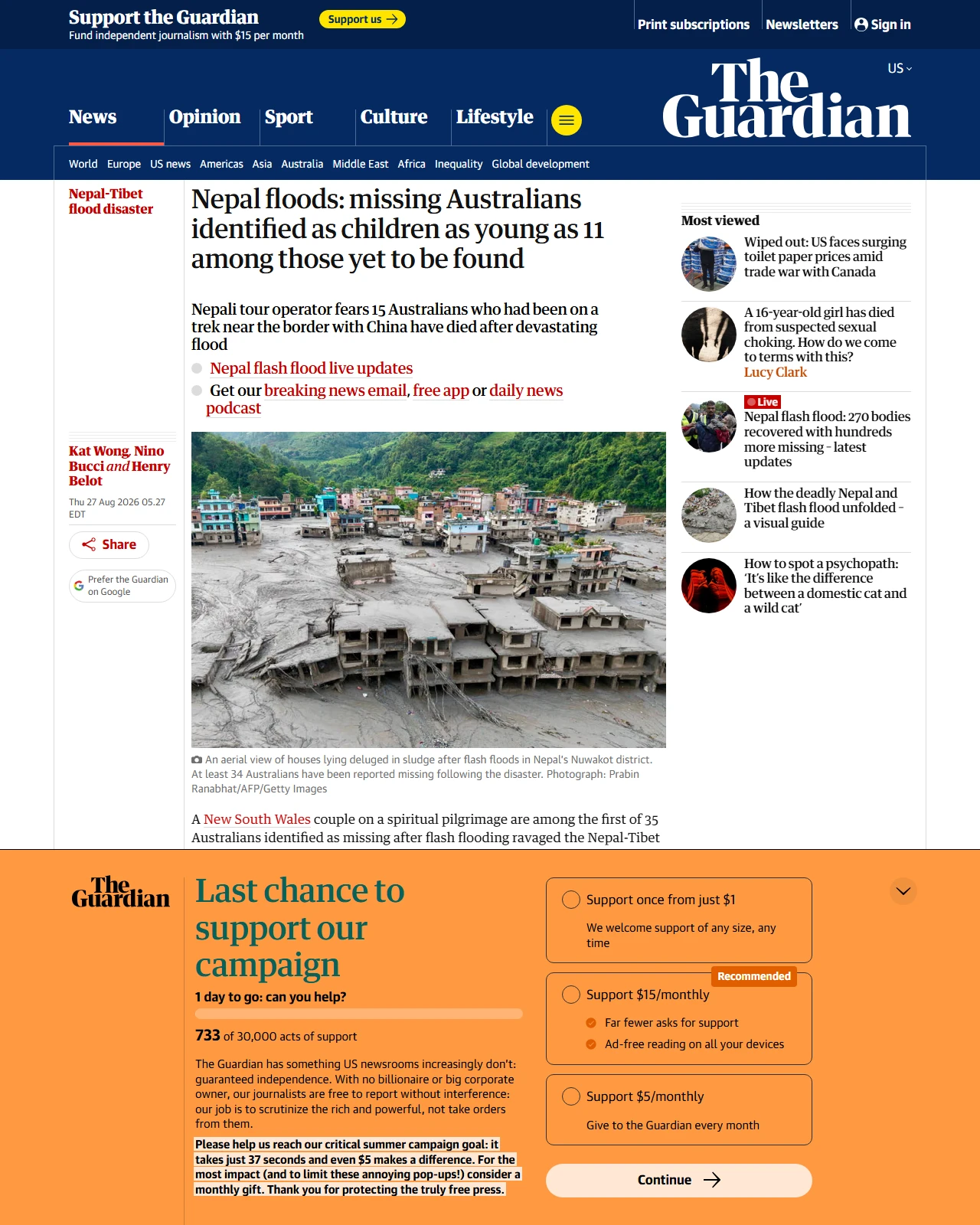 theguardian.com as published: Nepal floods: missing Australians identified as children as young as 11 among those yet to be found
