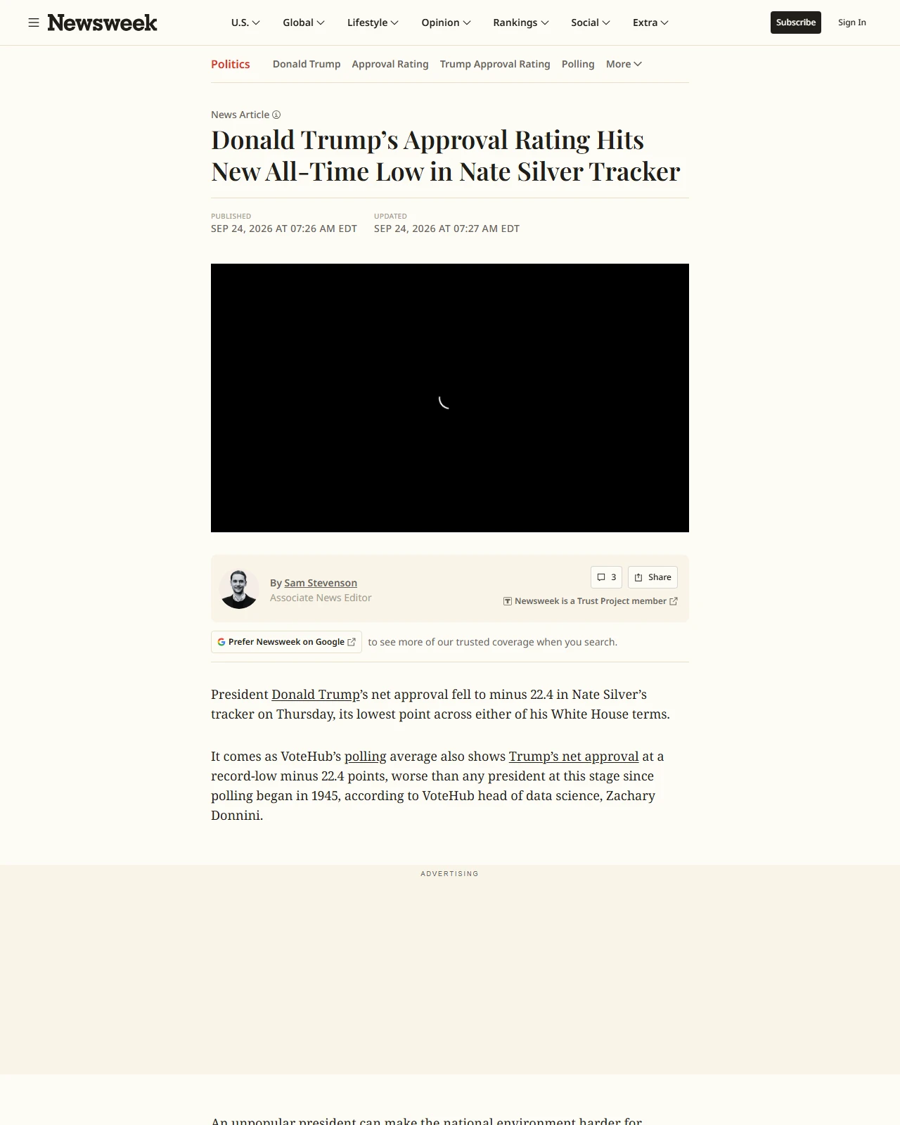 newsweek.com as published: Donald Trump’s Approval Rating Hits New All-Time Low in Nate Silver Tracker