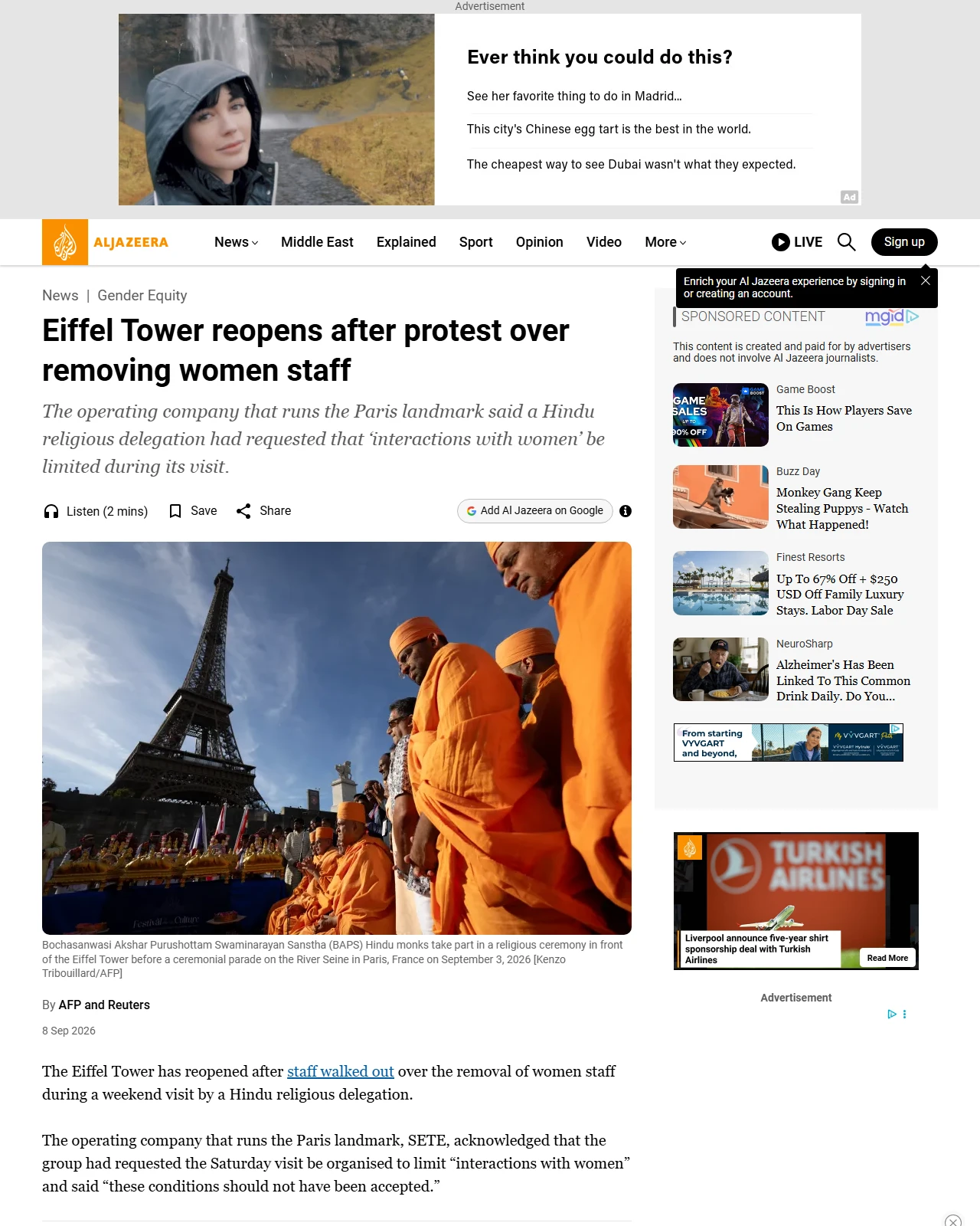aljazeera.com as published: Eiffel Tower reopens after protest over removing women staff