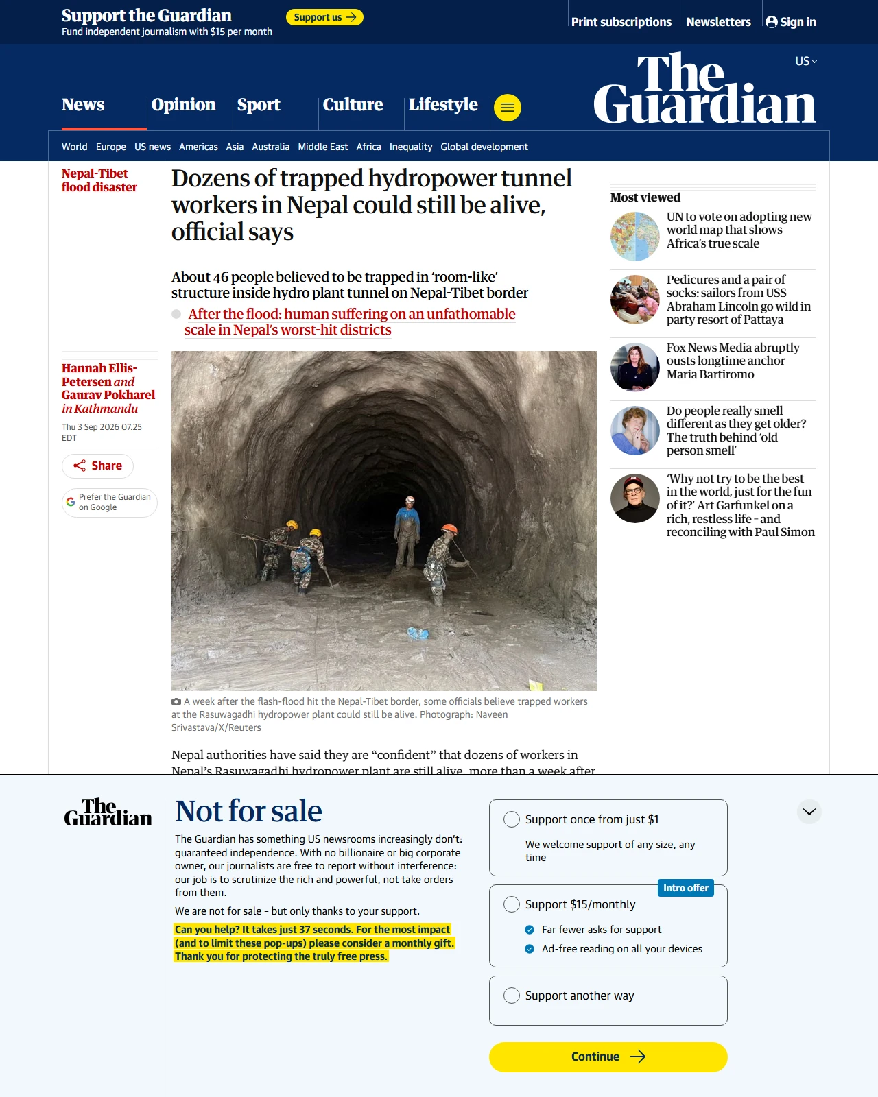 theguardian.com as published: Dozens of trapped hydropower tunnel workers in Nepal could still be alive, official says