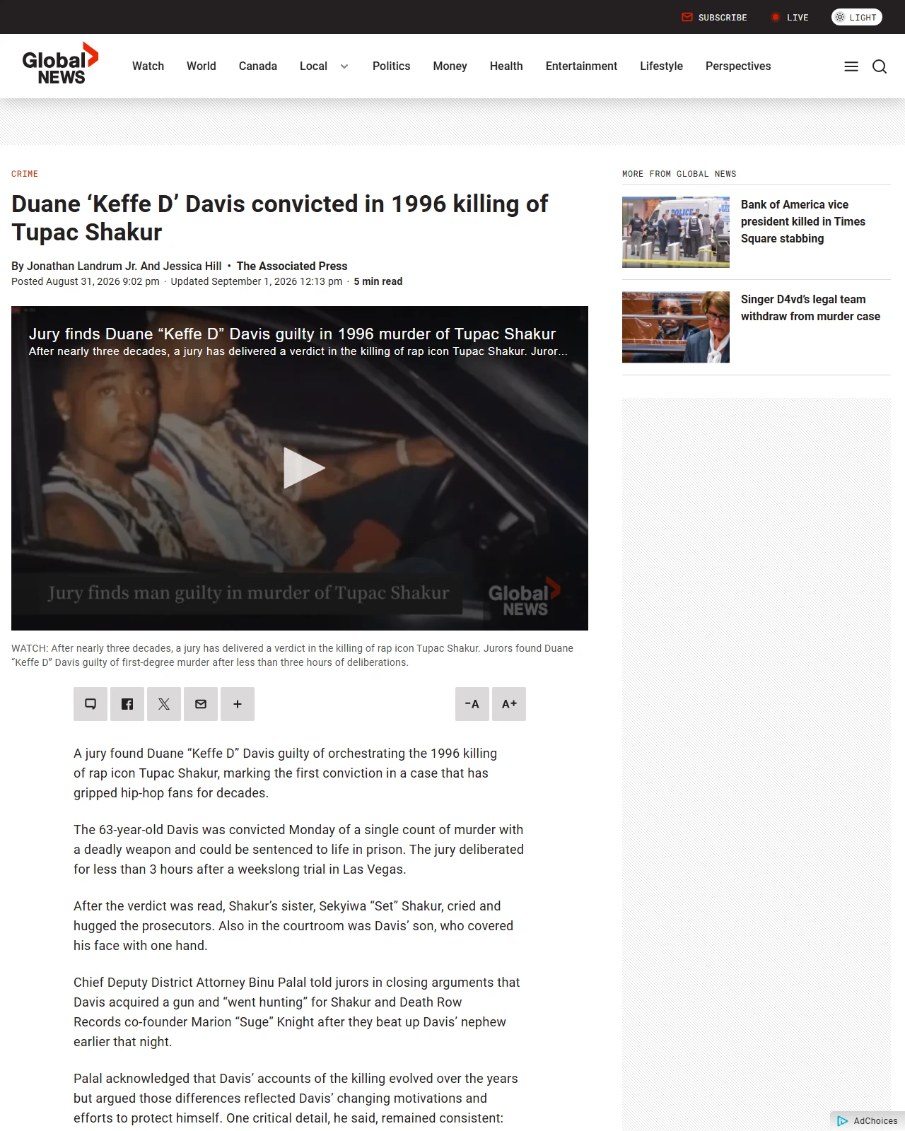 globalnews.ca as published: Duane ‘Keffe D’ Davis convicted in 1996 killing of Tupac Shakur