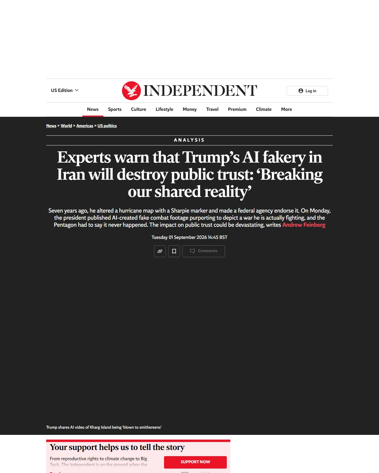 independent.co.uk as published: Experts warn that Trump’s AI fakery in Iran war will destroy public trust