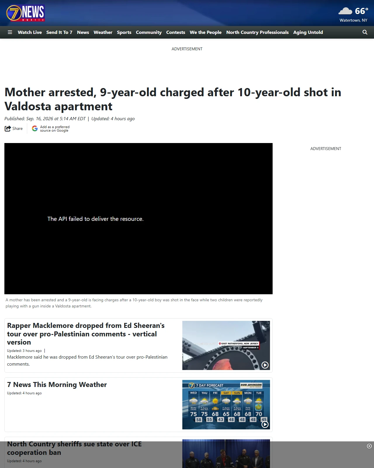 wwnytv.com as published: Mother arrested, 9-year-old charged after 10-year-old shot in Valdosta apartment