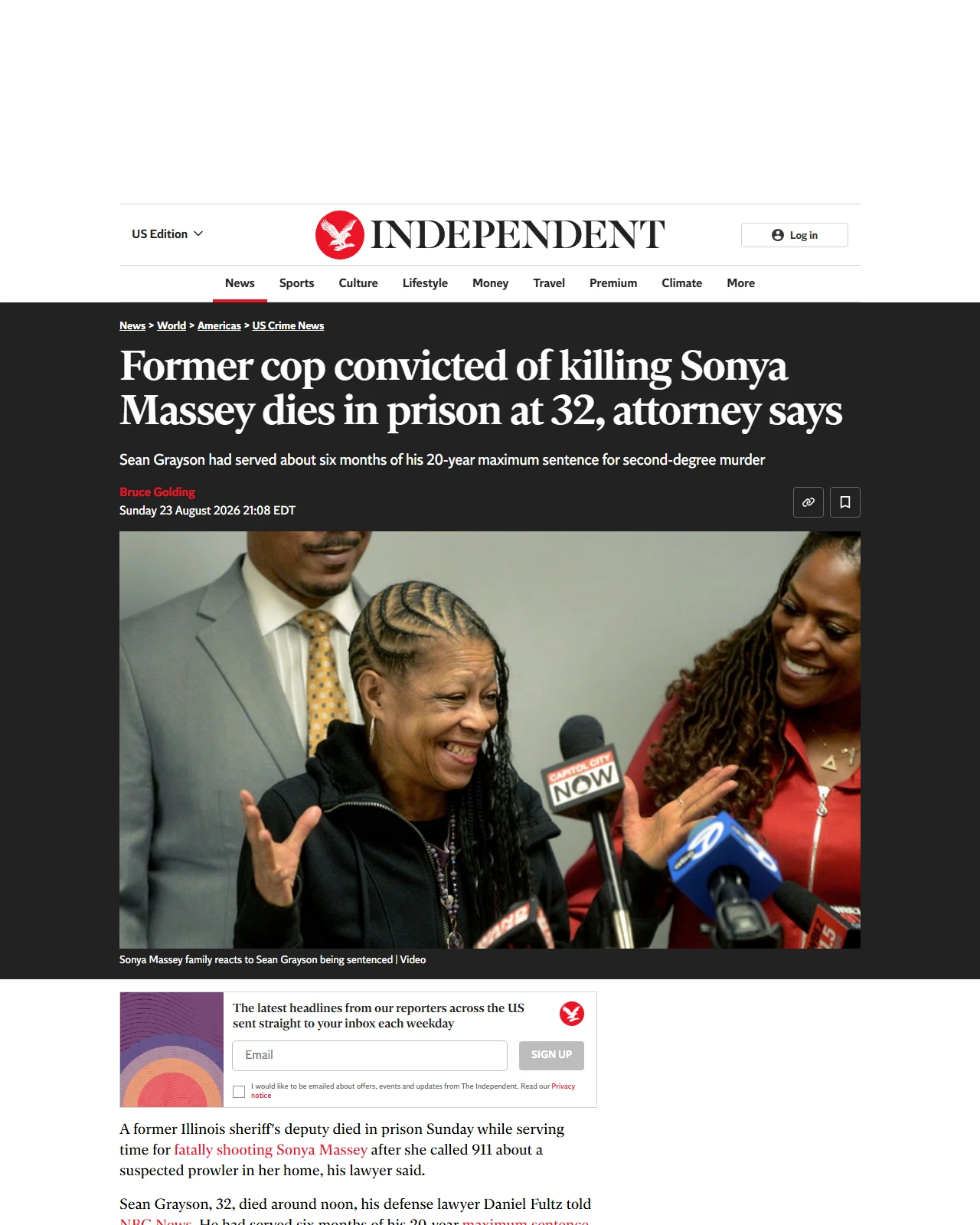 independent.co.uk as published: Former cop convicted of killing Sonya Massey dies in prison at 32, attorney says