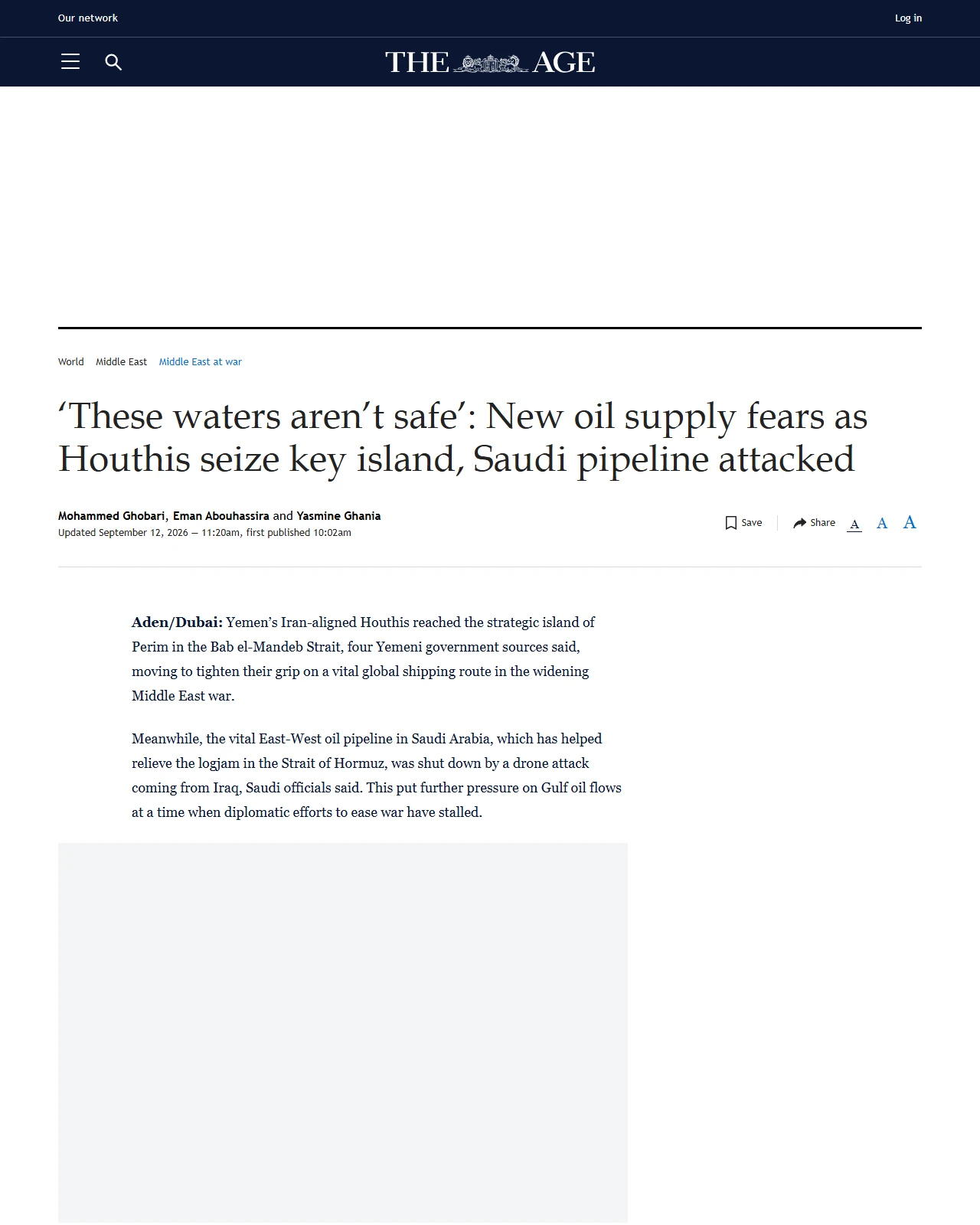 theage.com.au as published: ‘These waters aren’t safe’: New oil supply fears as Houthis seize key island, Saudi pipeline attacked