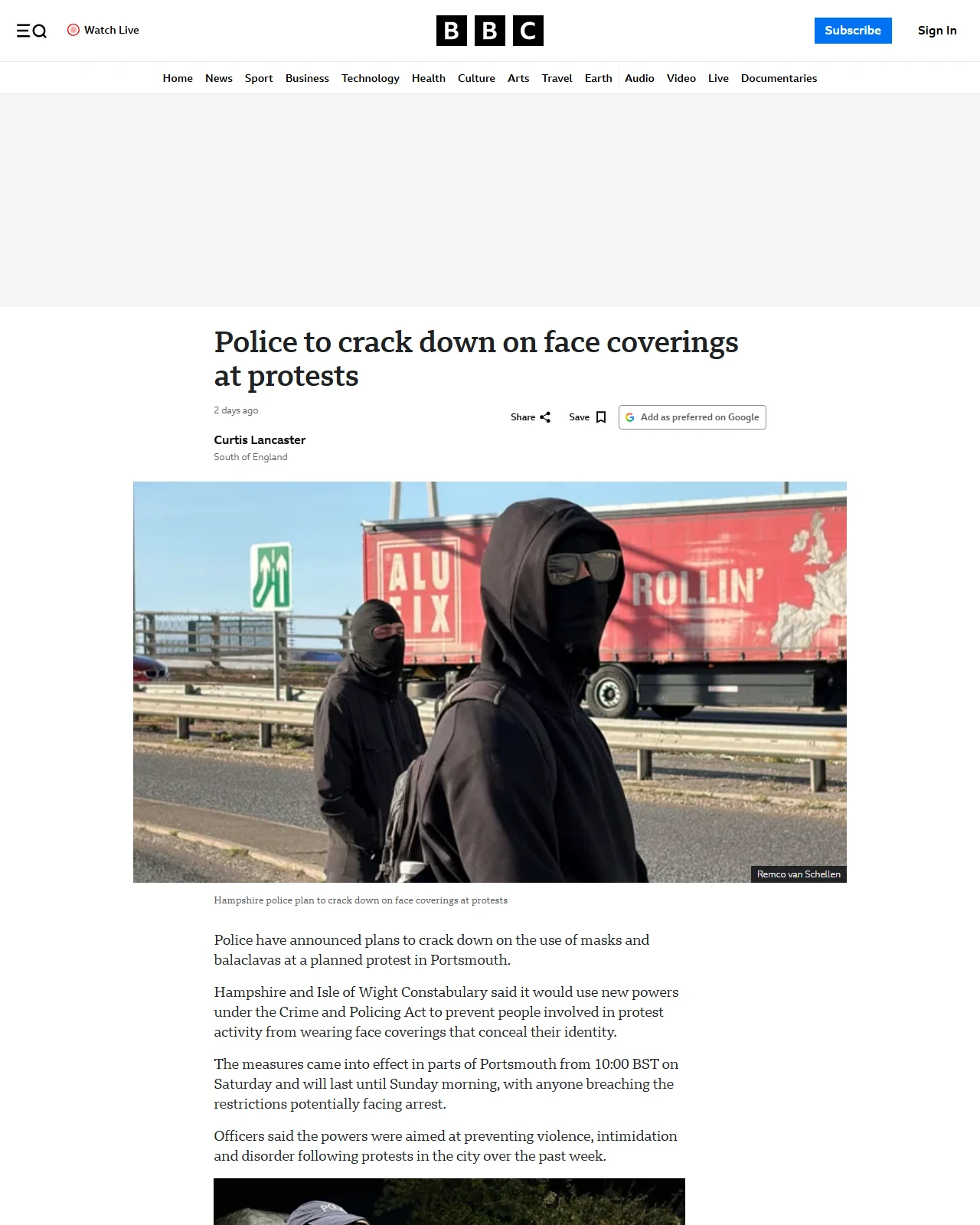 bbc.co.uk as published: Police to crack down on face coverings at protests in Portsmouth