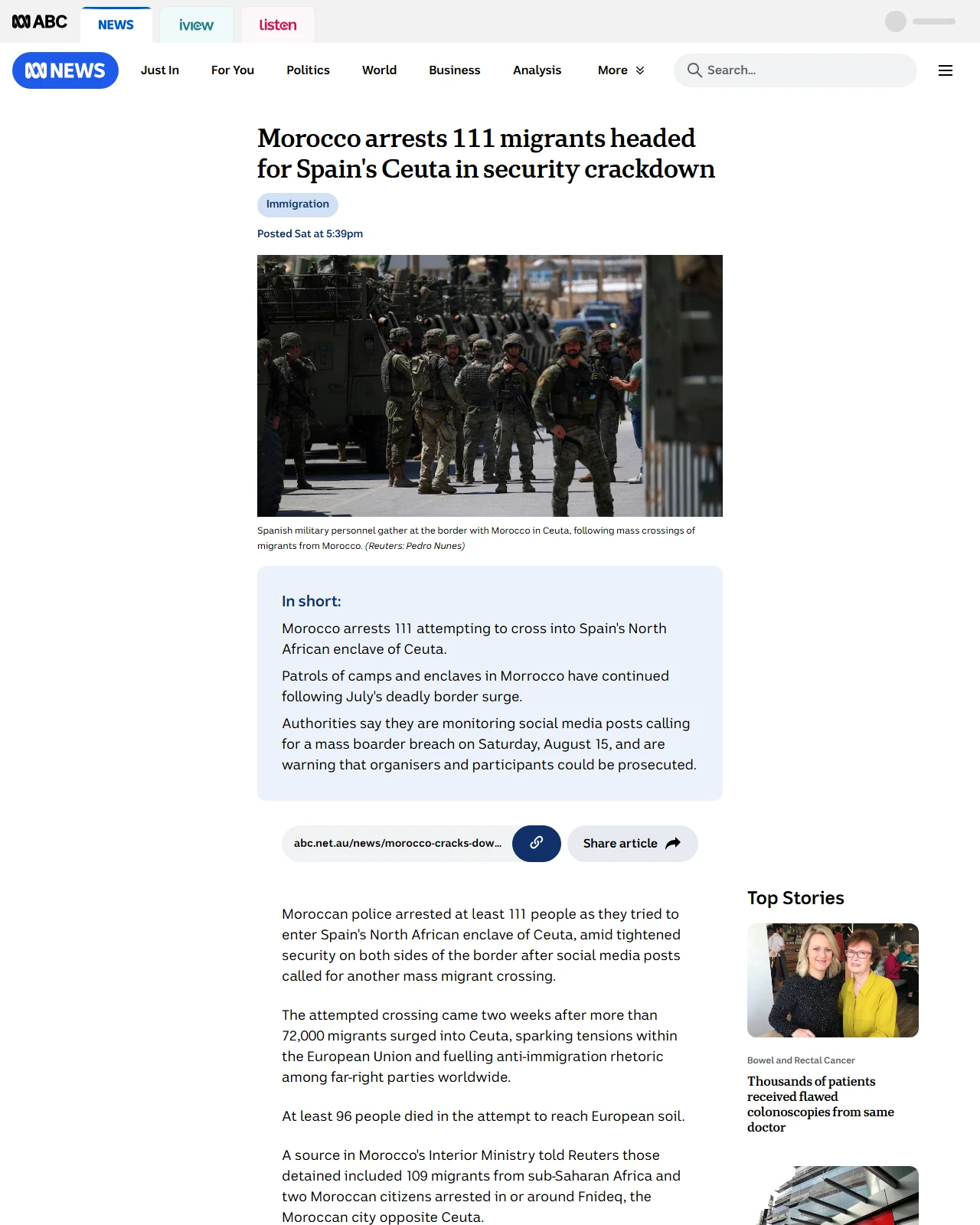 abc.net.au as published: Morocco arrests 111 migrants headed for Spain's Ceuta in security crackdown - ABC News & Headlines – Australian Broadcasting Corporation