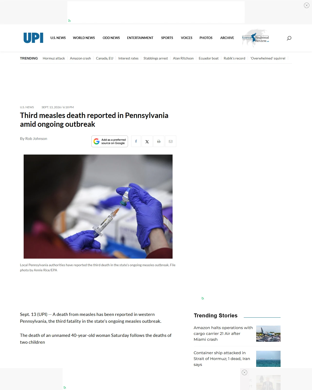 upi.com as published: Third measles death reported in Pennsylvania amid ongoing outbreak