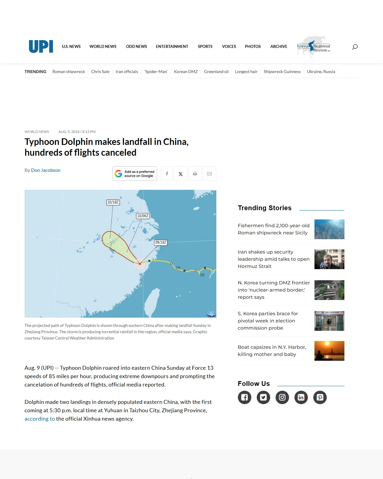 upi.com as published: Typhoon Dolphin makes landfall in China, hundreds of flights canceled